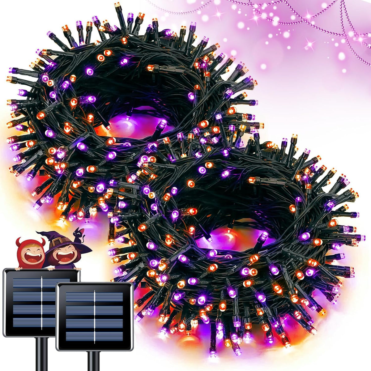 JMEXSUSS Orange and Purple Solar Halloween Lights, 2 Pack Each 100 Led Solar String Lights Outdoor