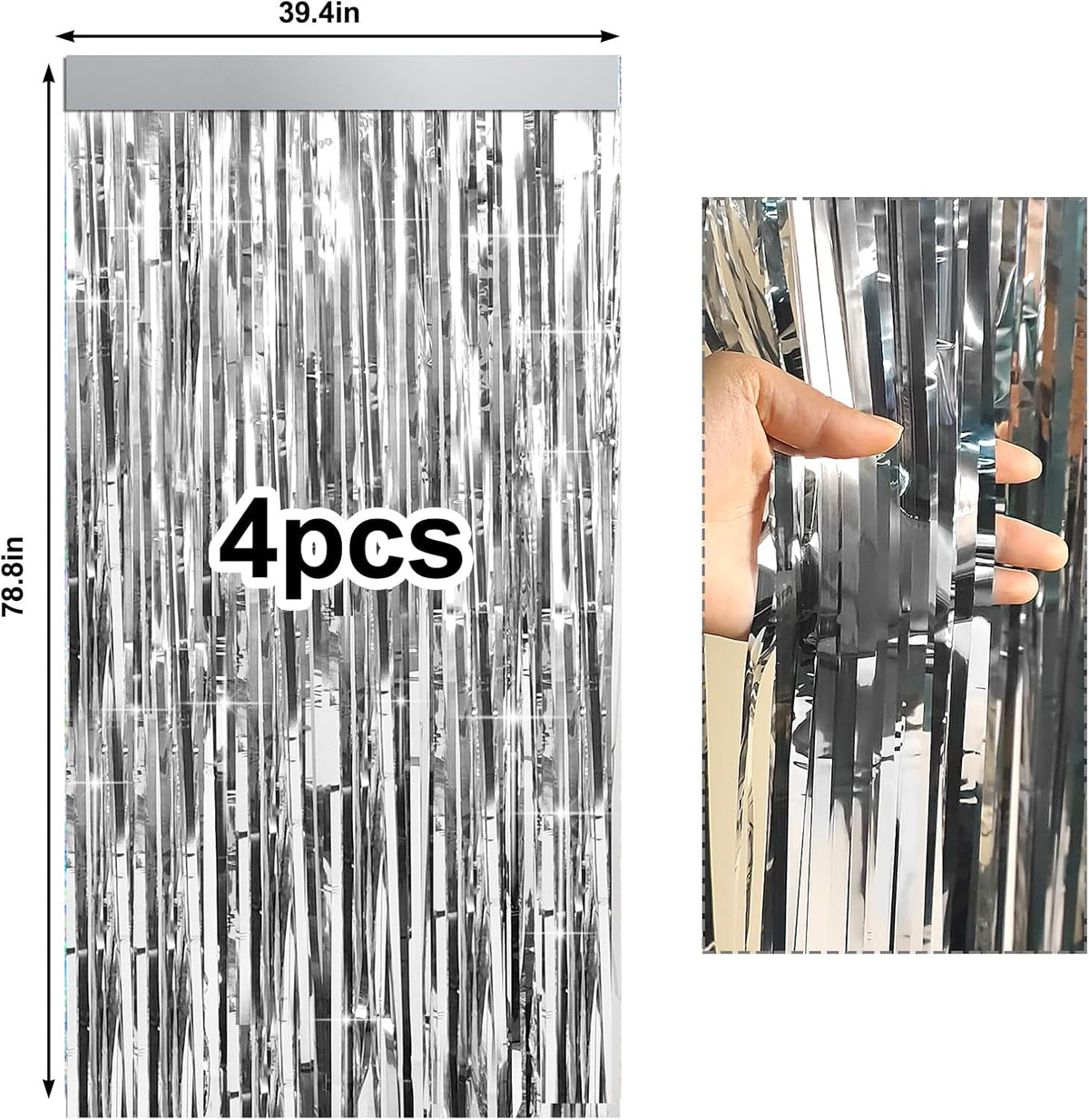 4 Packs Silver Foil Fringe Curtain, Silver Metallic Tinsel Backdrop for Birthday, Wedding, Baby