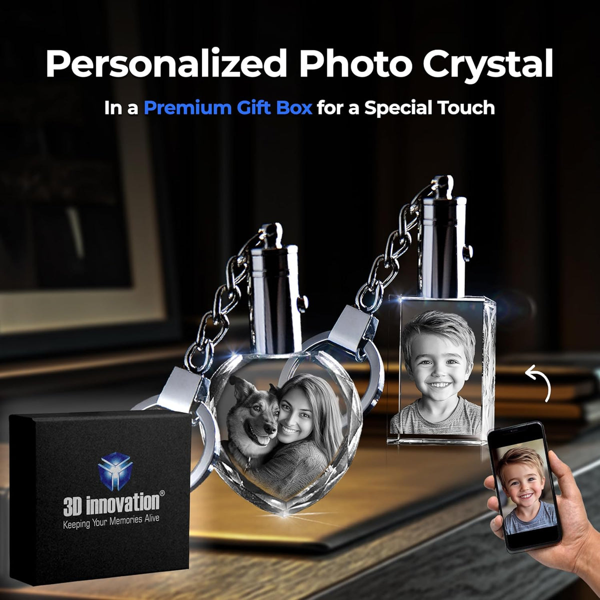 3D innovation Personalized Crystal Keychain Photo with LED Light Custom Laser Etched Key Chain