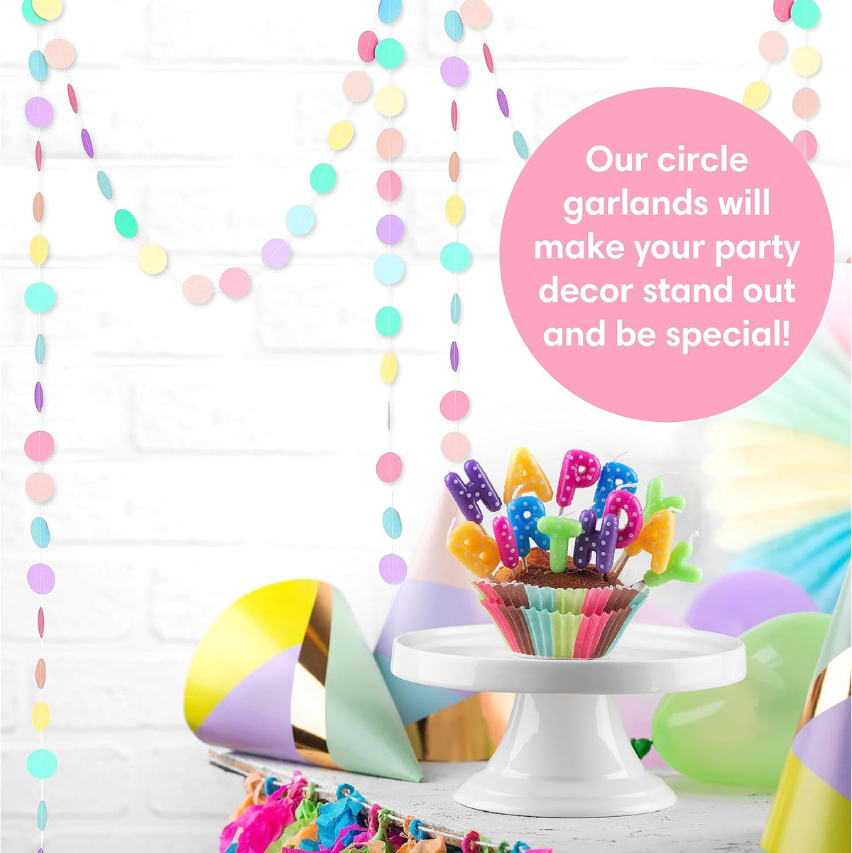 Chloe Elizabeth Circle Dots Paper Party Garland Streamer Backdrop (4-Pack, 10 Feet Per Garland, 40
