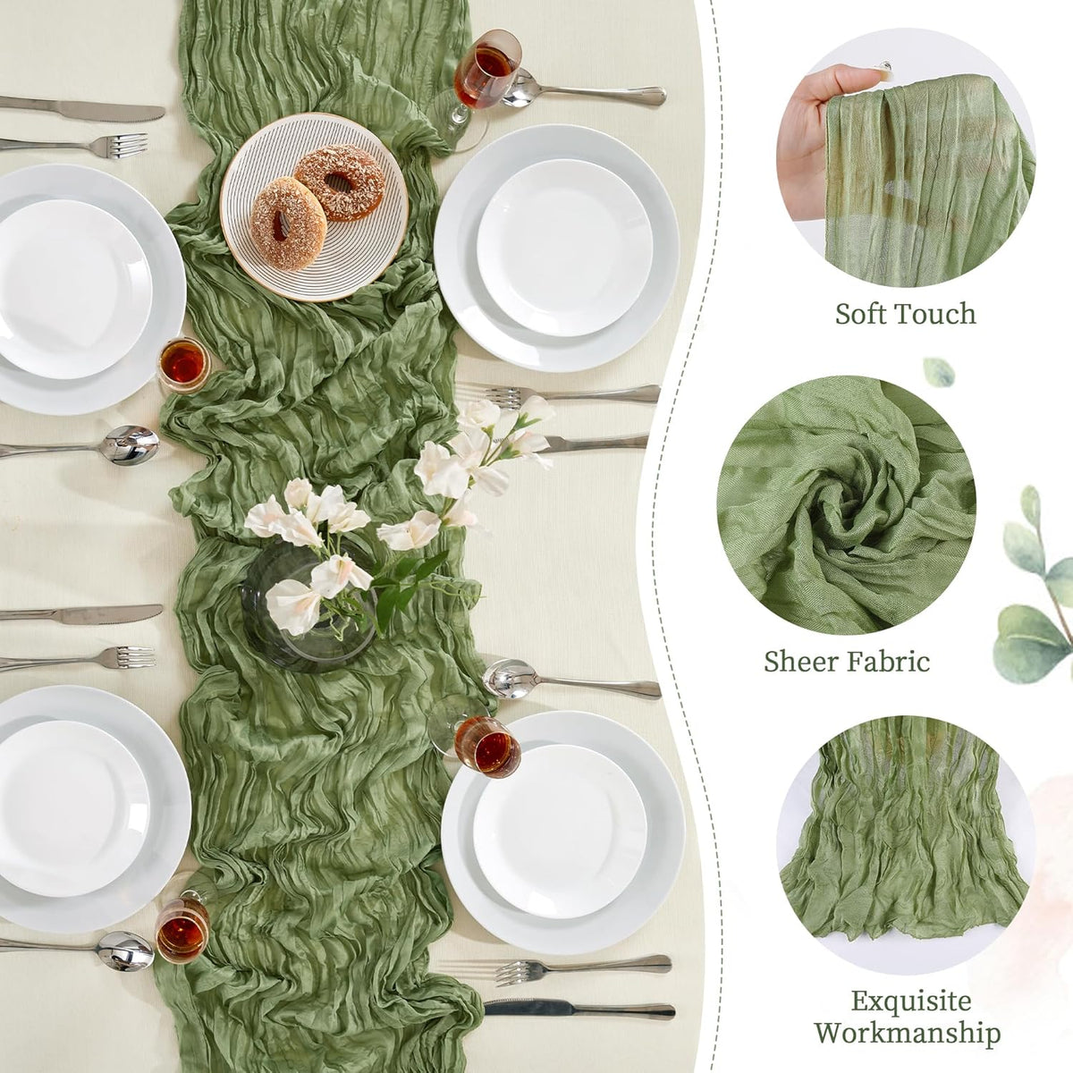 12 Pack Sage Green Cheesecloth Table Runner 10FT Long Boho Gauze Table Runner Rustic Sheer Runner