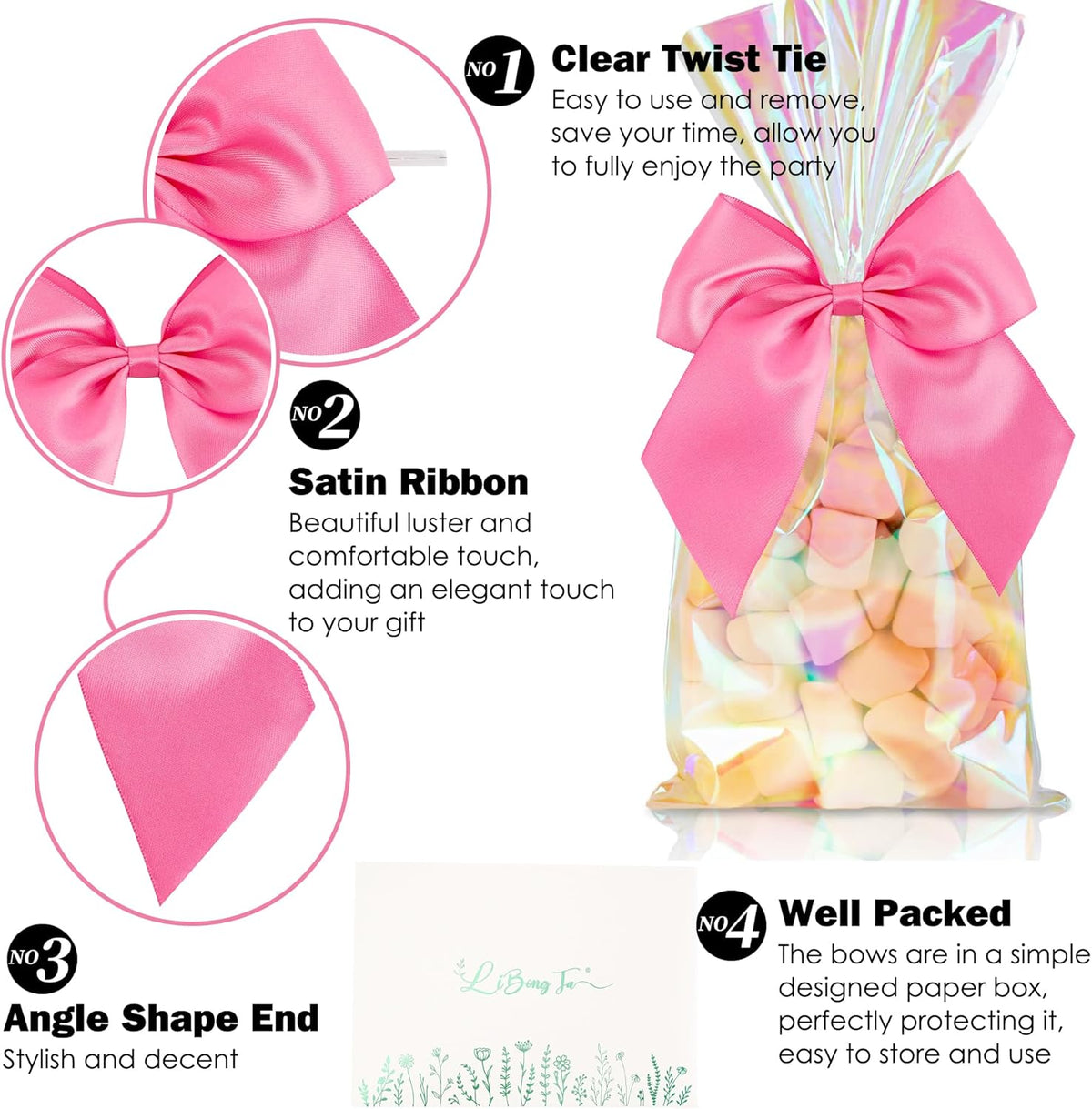 5'' Hot Pink Bow Party Decorations Satin Bows, Twist Tie Bows for Treat Bags, Cake Pops, Pre-Tied