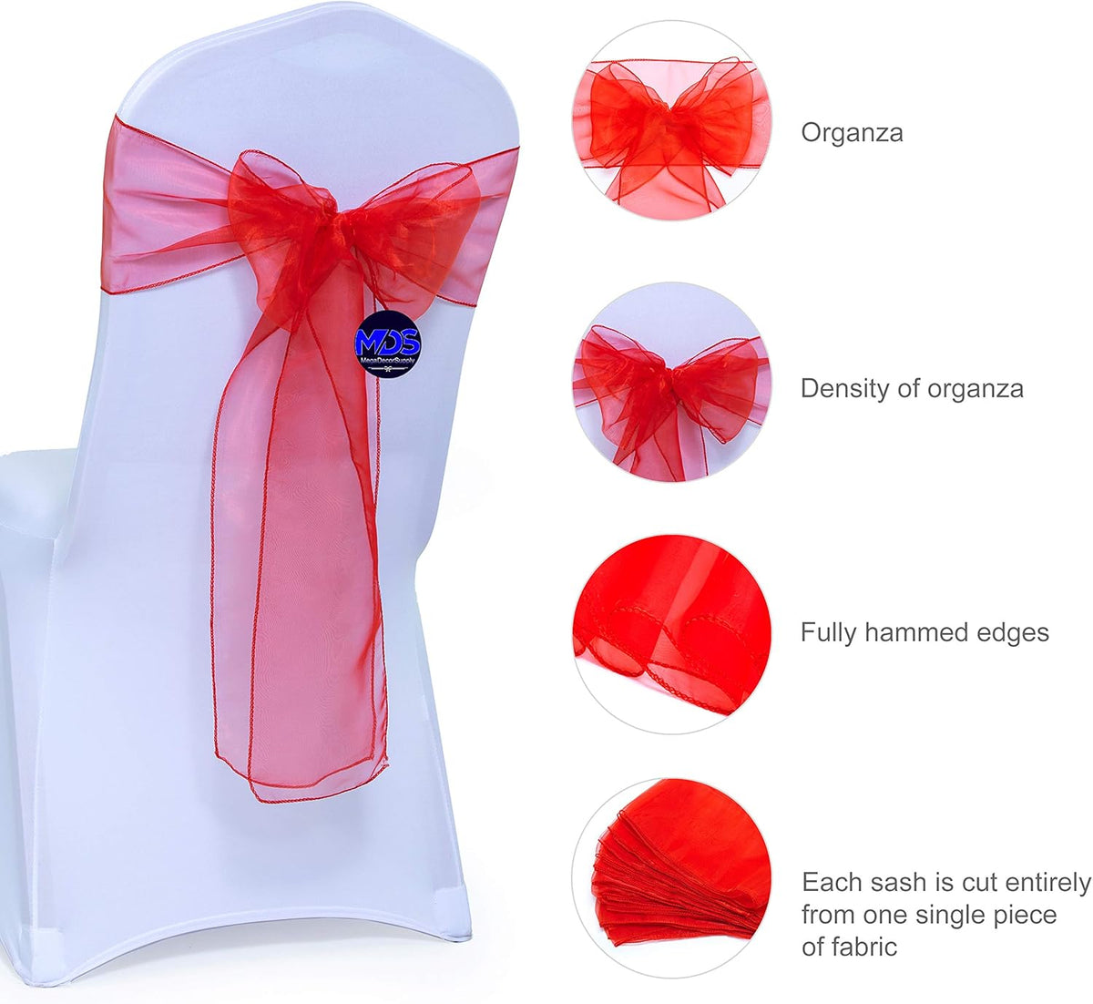 MDS Pack of 25 PCS Organza Chair Sashes Wider Dining Chair Bows Ribbon Tie Back for Wedding Party