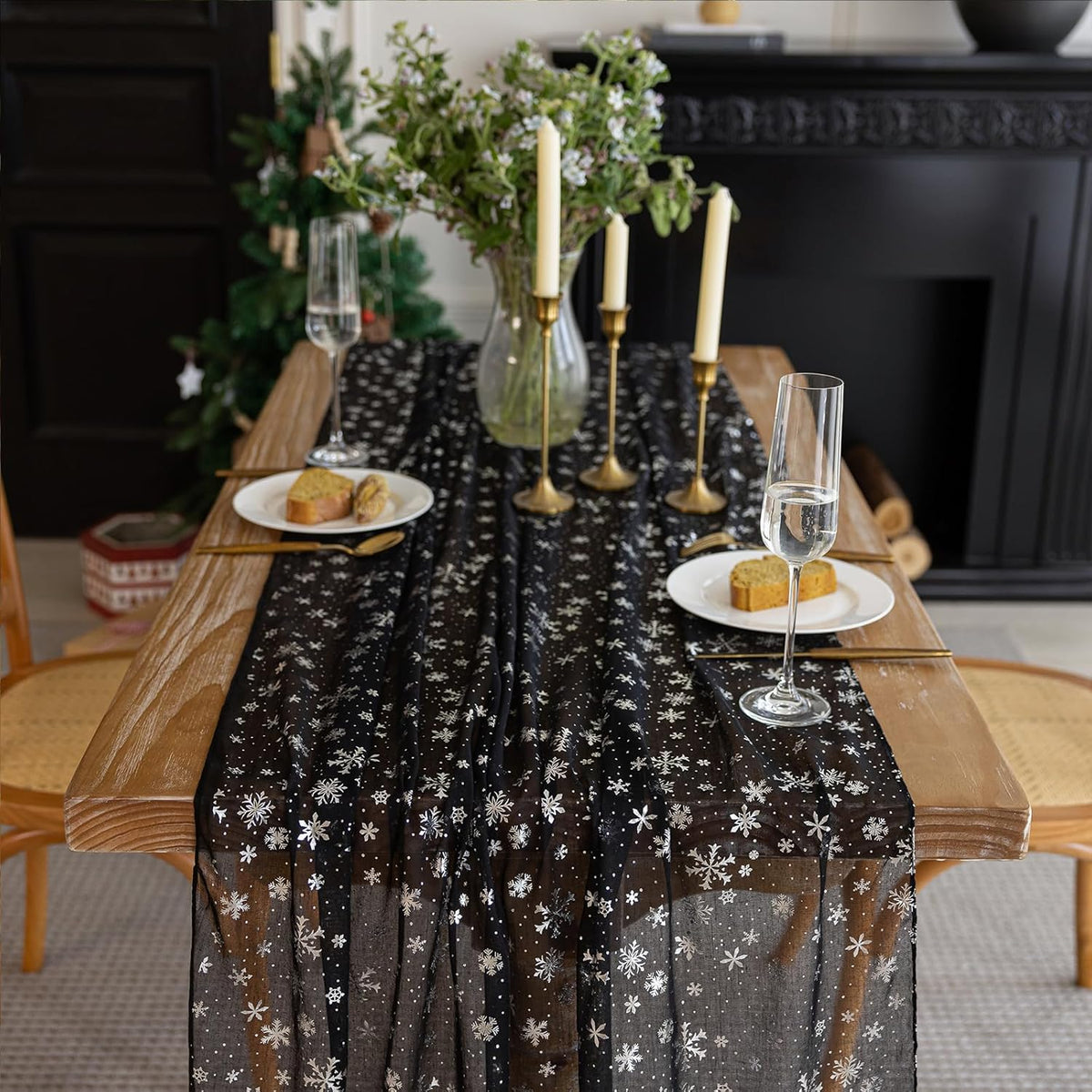 Silvery Snowflake Metallic Print Tulle Christmas Table Runner, Seasonal Winter Kitchen Dining Table