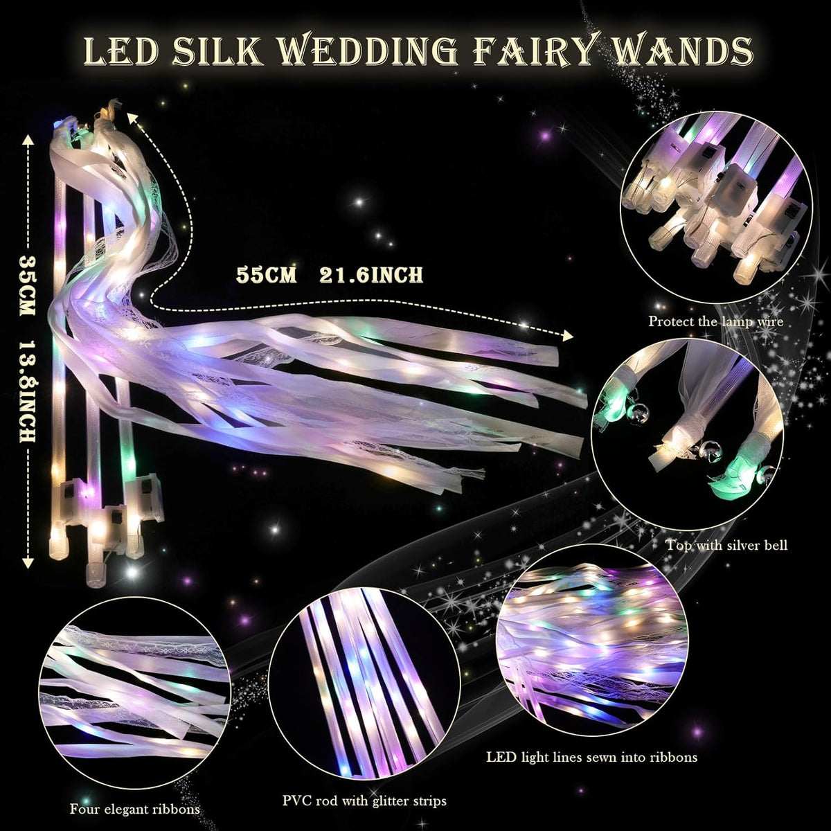 30 Pieces Light up Wedding Wands with Ribbons & Bells –LED Silk Wedd Fairy Wands Streamers with