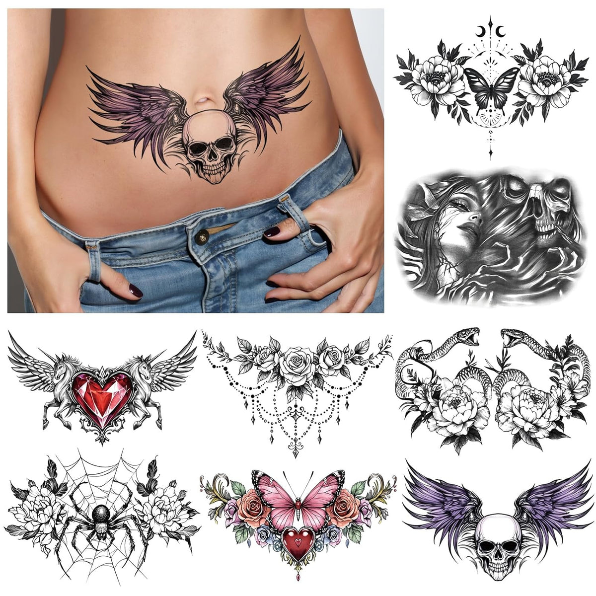 Yazhiji 13 Sheet Large Chest Underboob Temporary Tattoos for Adult, 8 Sheets Sexy Rose Flower Belly