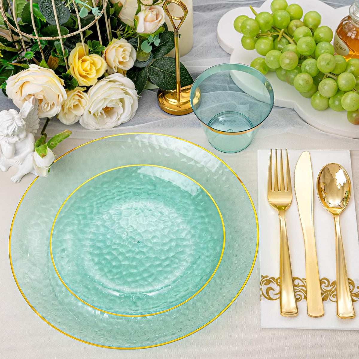 Rubtlamp 175 Pcs Green Plastic Plates Dinnerware Set (25 Guests), Hammered Plates Sets, Green
