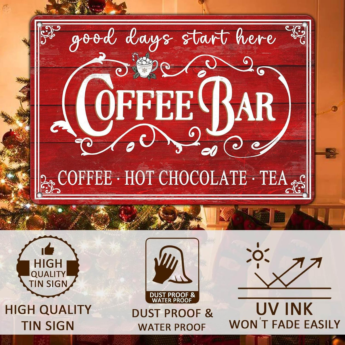 Vintage Christmas Coffee Bar Tin Sign - Kitchen Decor, Tea Bar Accessories, Hot Chocolate Station