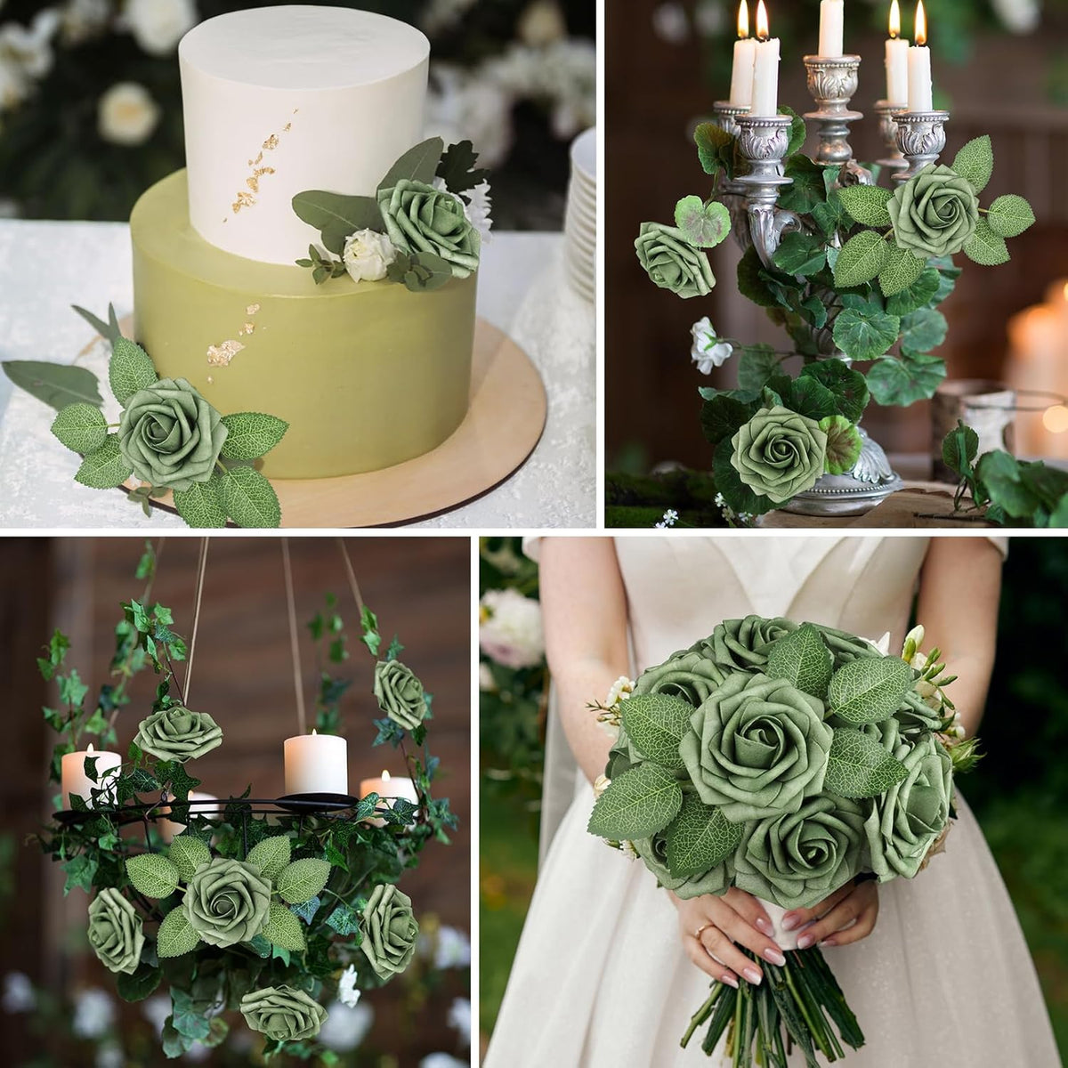 AmyHomie Artificial Flowers Green Rose 25pcs Real Looking Fake Roses w/Stem for DIY Wedding
