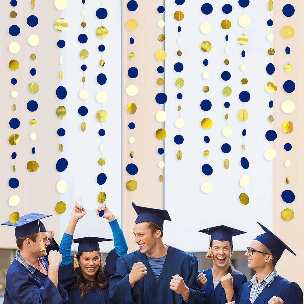 46 Ft Navy Blue and Gold Circle Dots Garland Royal Blue Hanging Paper Polka Dot Streamer for