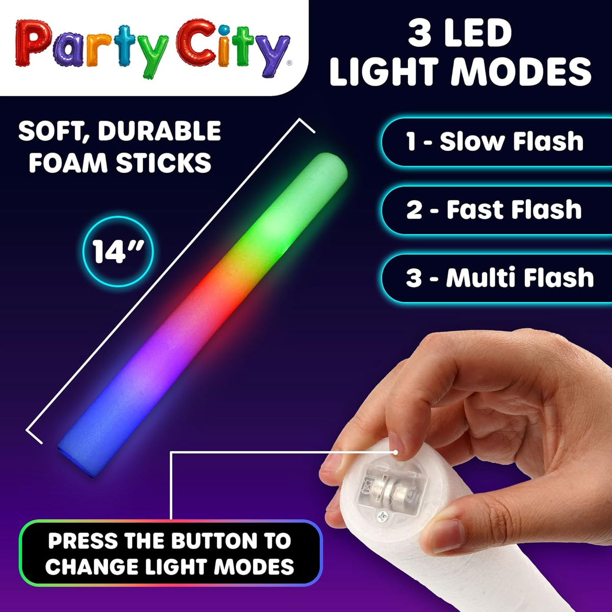 Party City 48pk LED Foam Glow Sticks 14”- Glow in the Dark Party Supplies Favors, Colorful Flashing