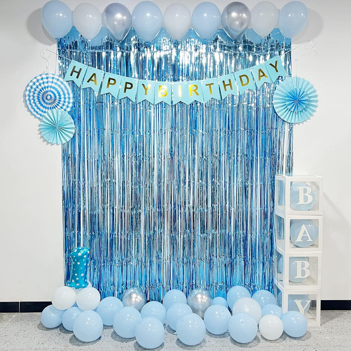 Light Blue Foil Fringe Curtains Party Decorations, Melsan 3.2 x 8 ft Foil Curtains Tinsel Backdrop