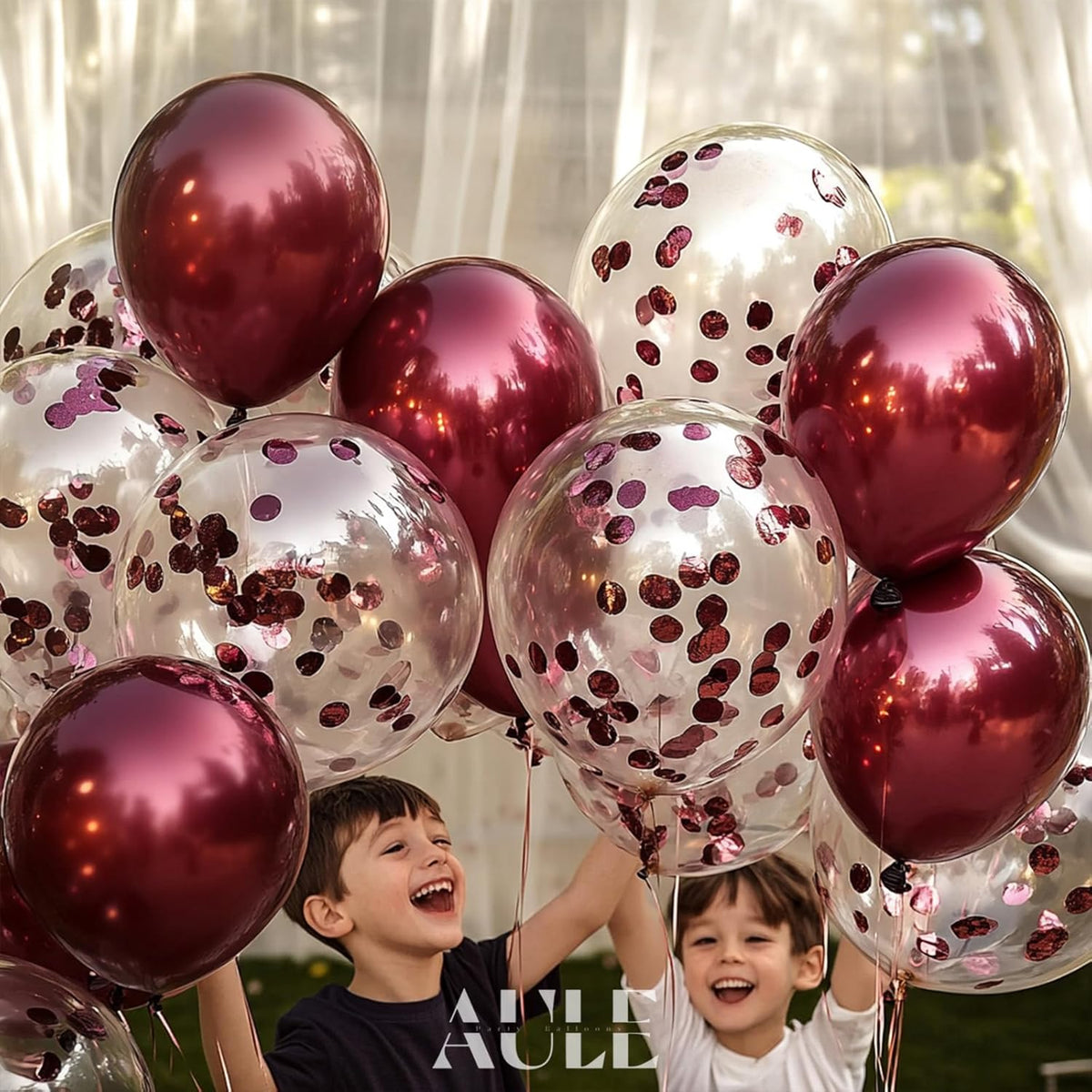 AULE Party Balloons Pack of 42 - Metallic Burgundy Balloons and Confetti Latex Helium Balloons With