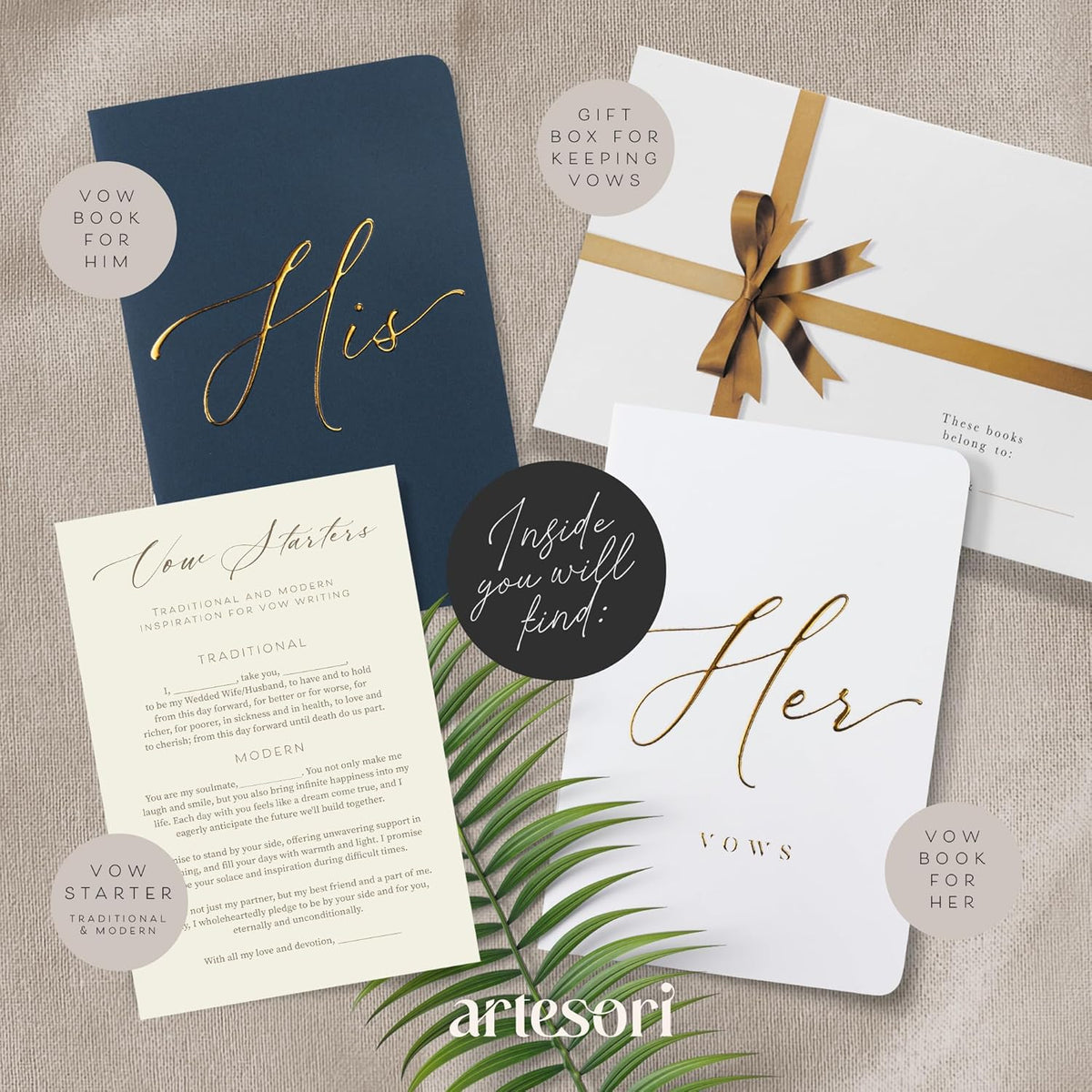 ARTESORI Premium Wedding Vow Book for Her & Him, Soft Touch, Gold Foil, 28 Lined Pages, Wedding Vow