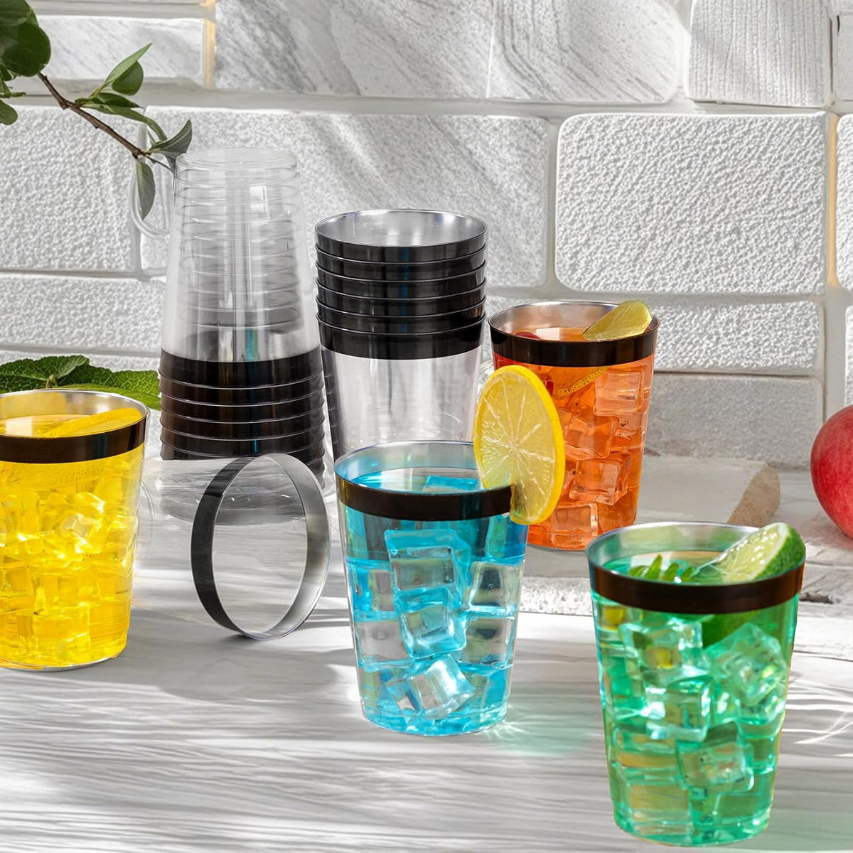 DaYammi 100 Pack Black Plastic Cups 10Oz Clear Disposable Cups with Black Rim, Clear Cocktail Cup