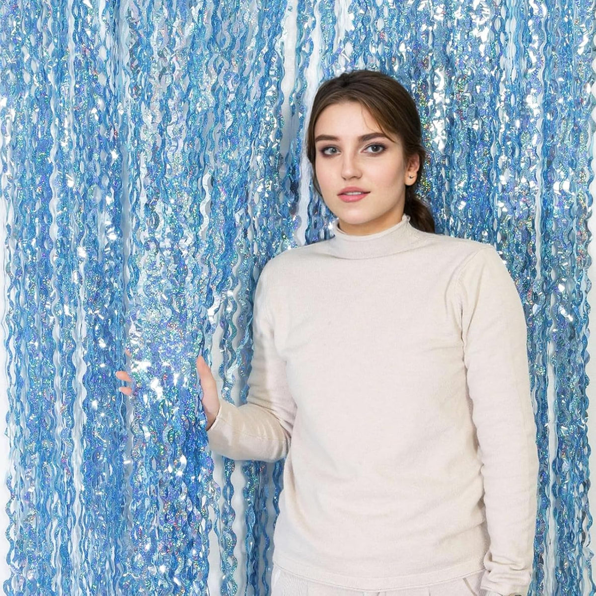4 Pack Wavy Blue Tinsel Backdrop Streamers Party Decorations 3.3x6.6 Feet | Foil Fringe Curtain