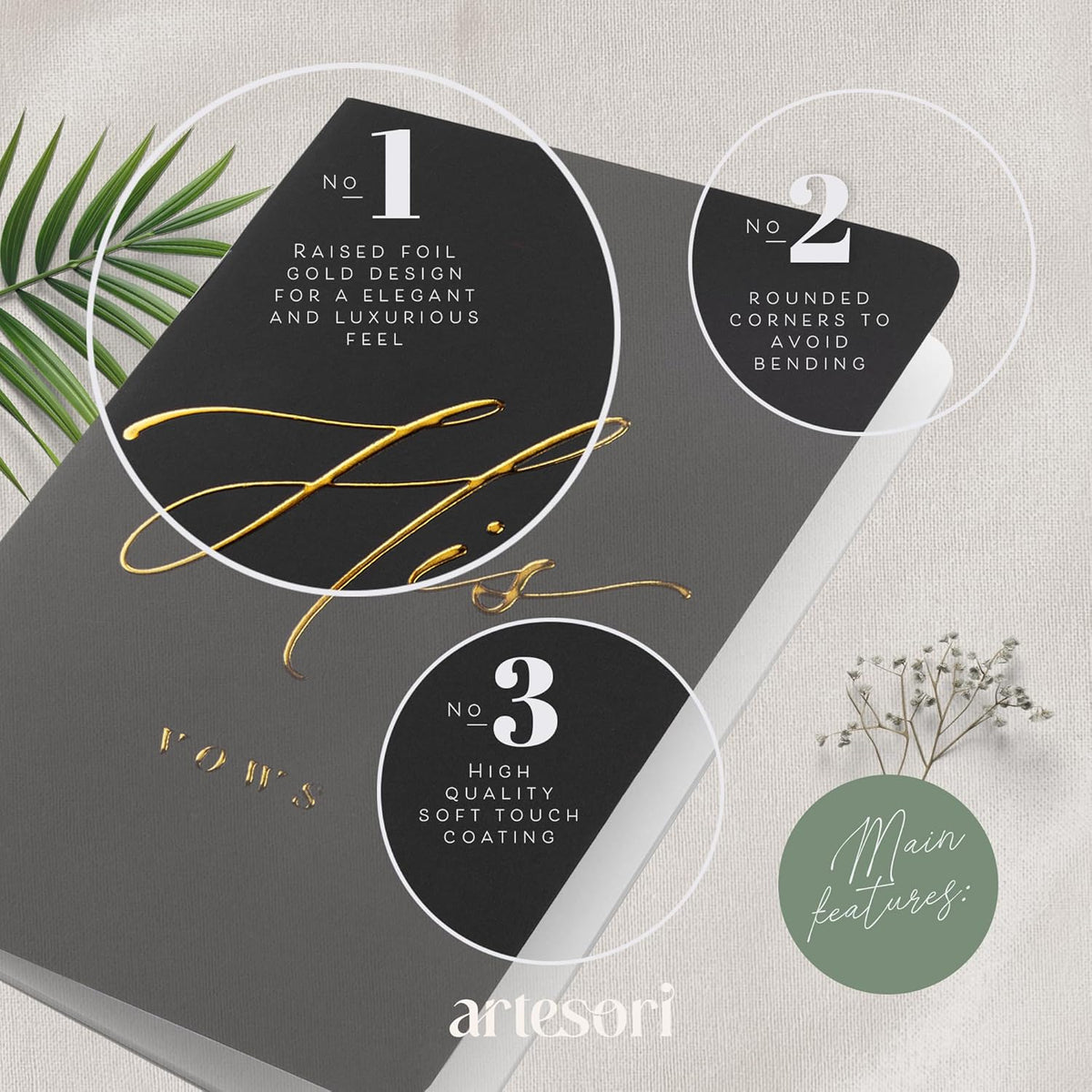 ARTESORI Wedding Vow Book for Her & Him, Soft Touch, Gold Engraving, 28 Lined Pages, Wedding Vow