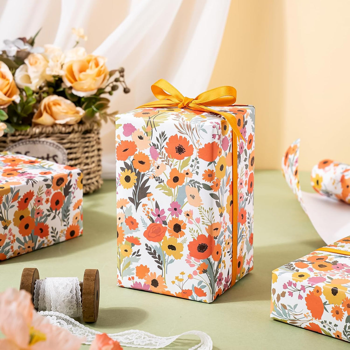 WRAPAHOLIC Kraft Floral Wrapping Paper Roll - Mini Roll - 17 Inch x 33 Feet - Bright Summer Flower