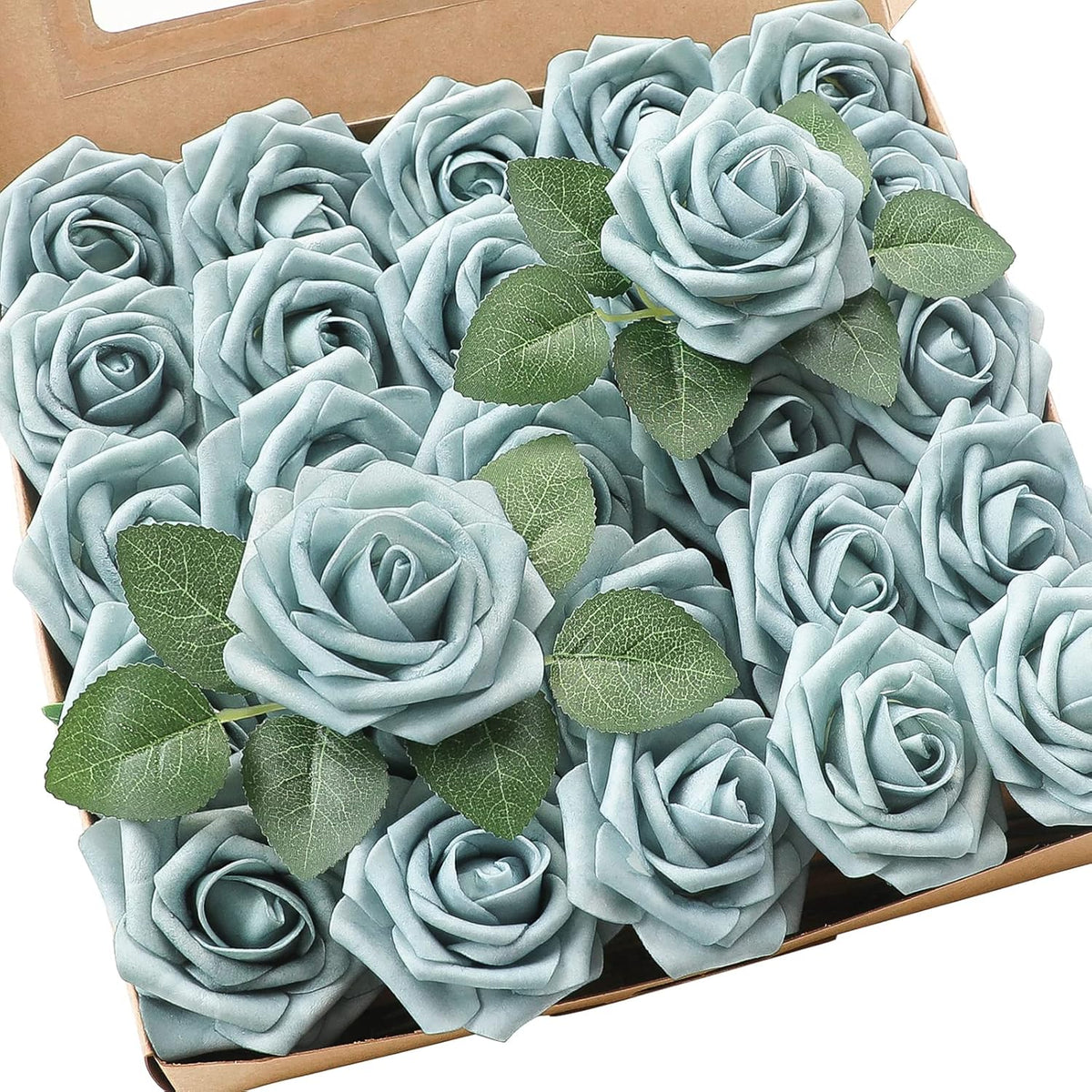 Floroom Artificial Flowers 25pcs Real Looking Dusty Blue Foam Fake Roses with Stems for DIY Wedding