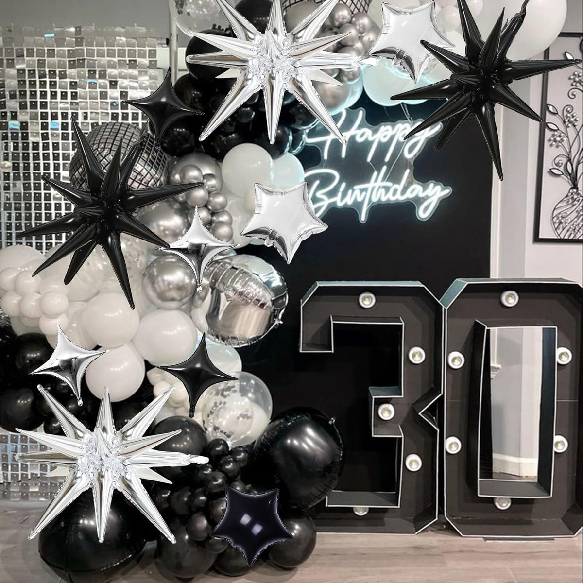 Black and Silver Star Balloons, 22in Large Star Balloons Foil 10in 4-Pointed & Pentagram Balloon