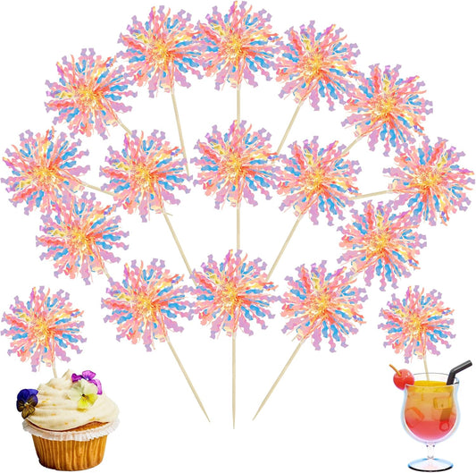 Ephlyn 30Pcs Foil Firework Cupcake Toppers Happy Birthday Cake Toppers Tinsel Flower Drink Stirrers