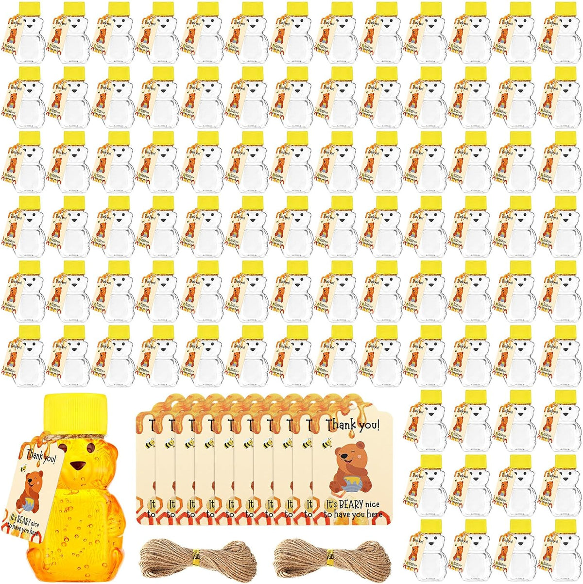 96 Sets 2 oz Plastic Honey Bear Bottle Bear Shape Clear Empty Honey Jar 96 Tags 2 Rolls Jute Rope