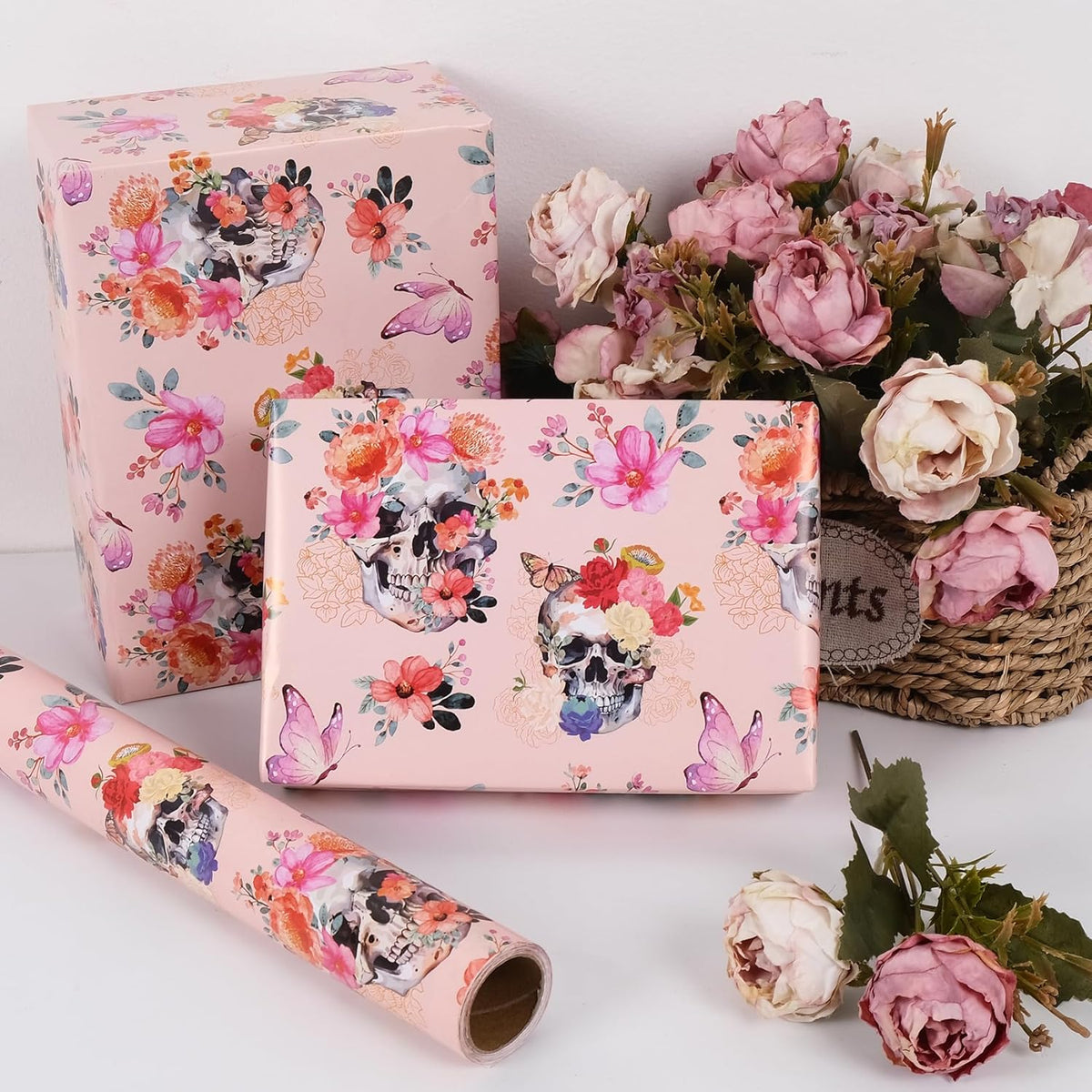 Aimyoo Gothic Wrapping Paper Roll, 17 Inch X 33 Feet Skull Floral Butterfly Design Gift Wrap Paper