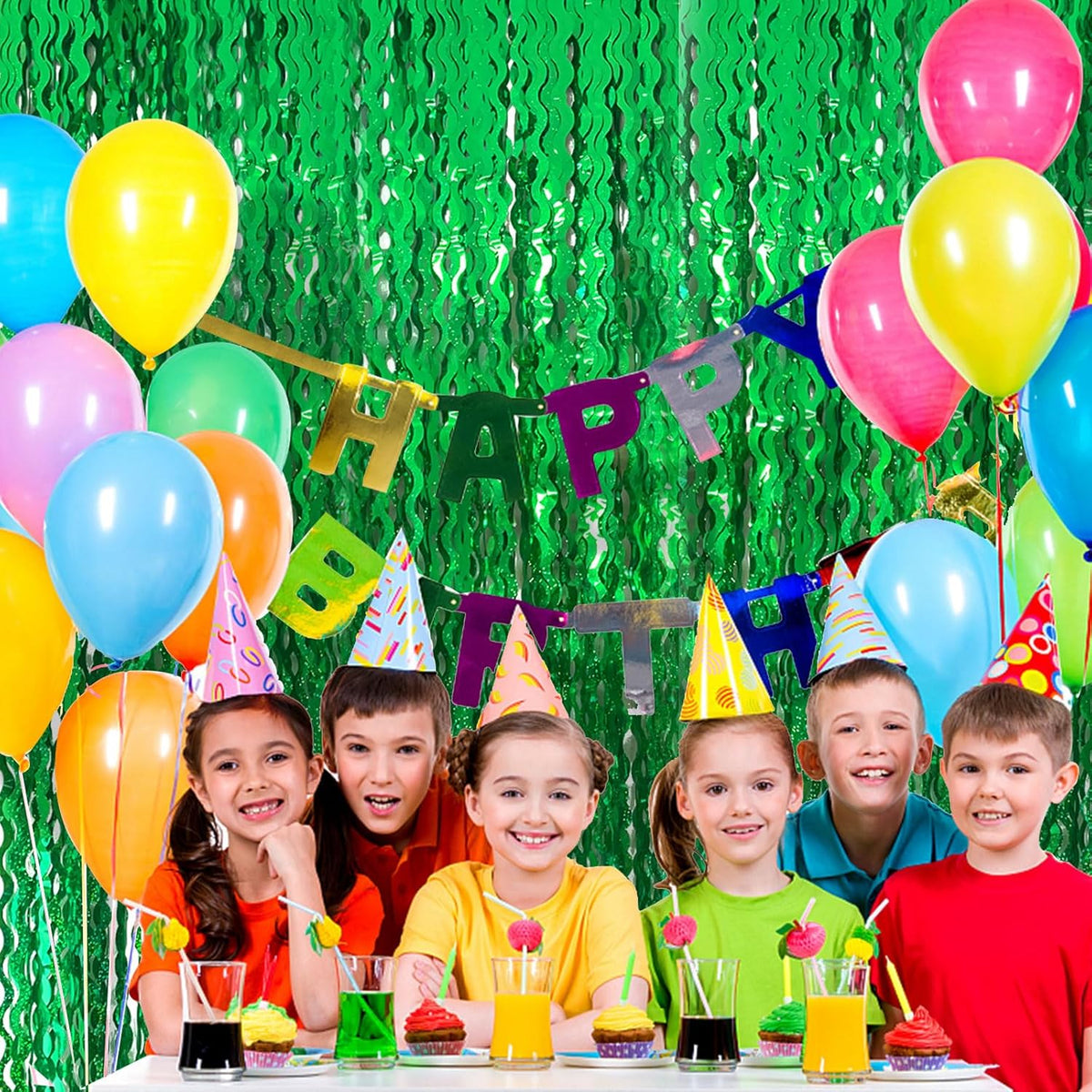 Green Tinsel Foil Fringe Curtains Wavy Backdrop for Parties Sparkle Metallic Wavy Foil Fringe