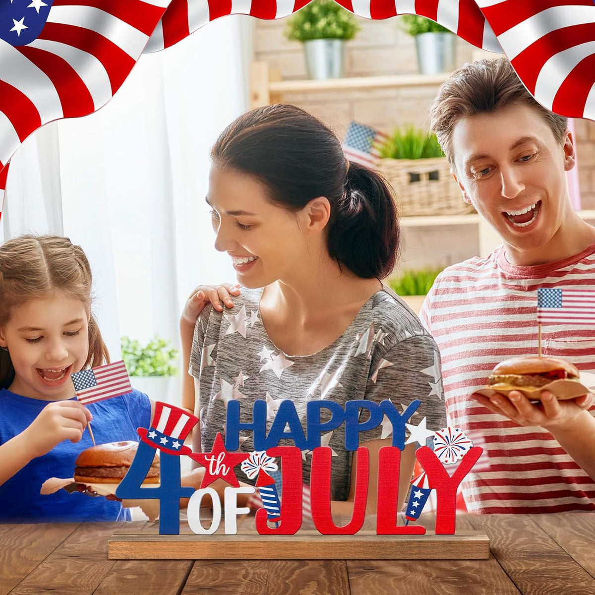 Happy 4th of July/Patriotic Metal Sign Rustic Table Decor Holiday Tiered Tray Decor with Wooden