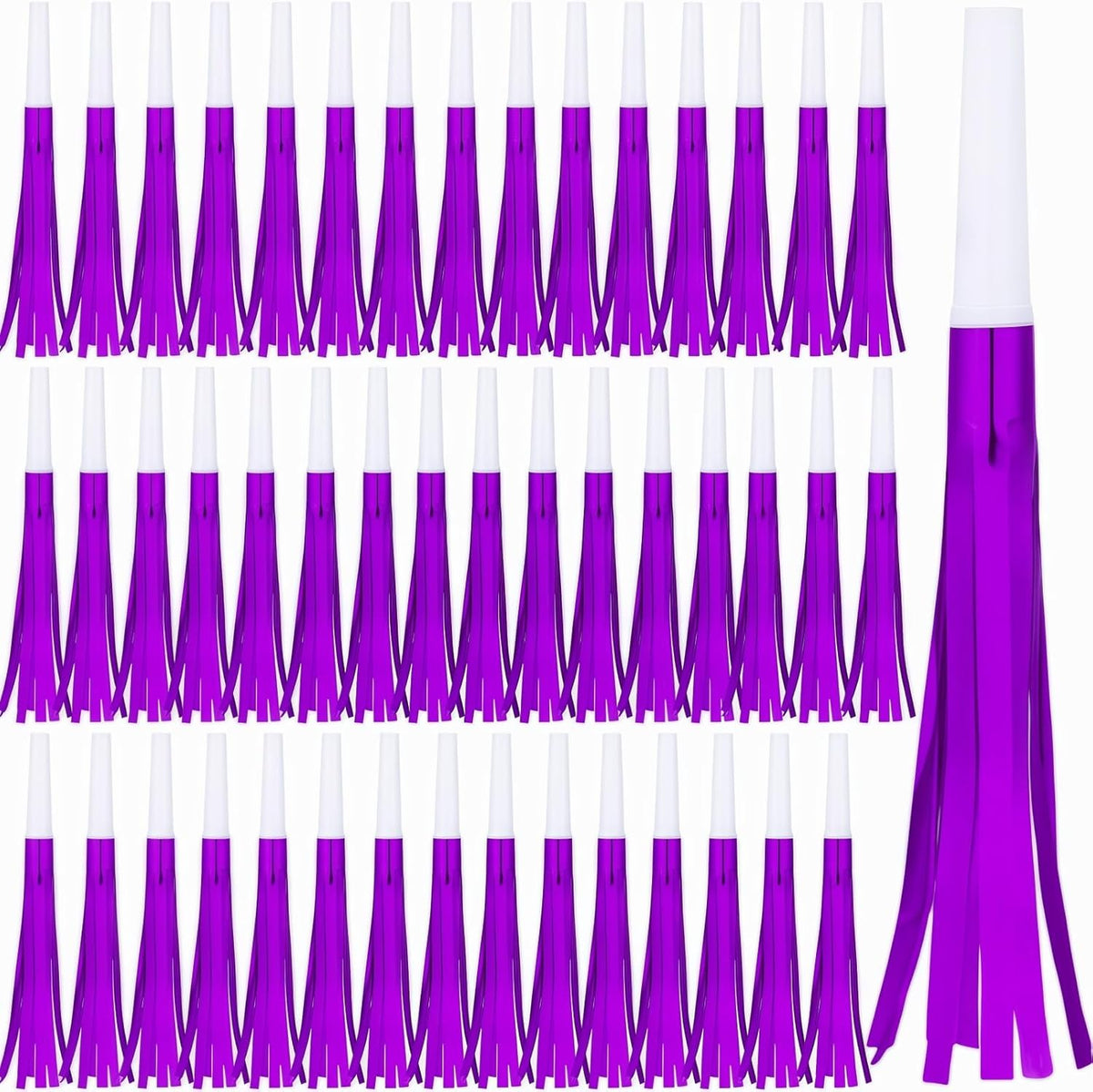 Noise Makers Party Horns, 48 Pack, Purple Metallic Glitter with Fringe, for Birthday, Wedding, New