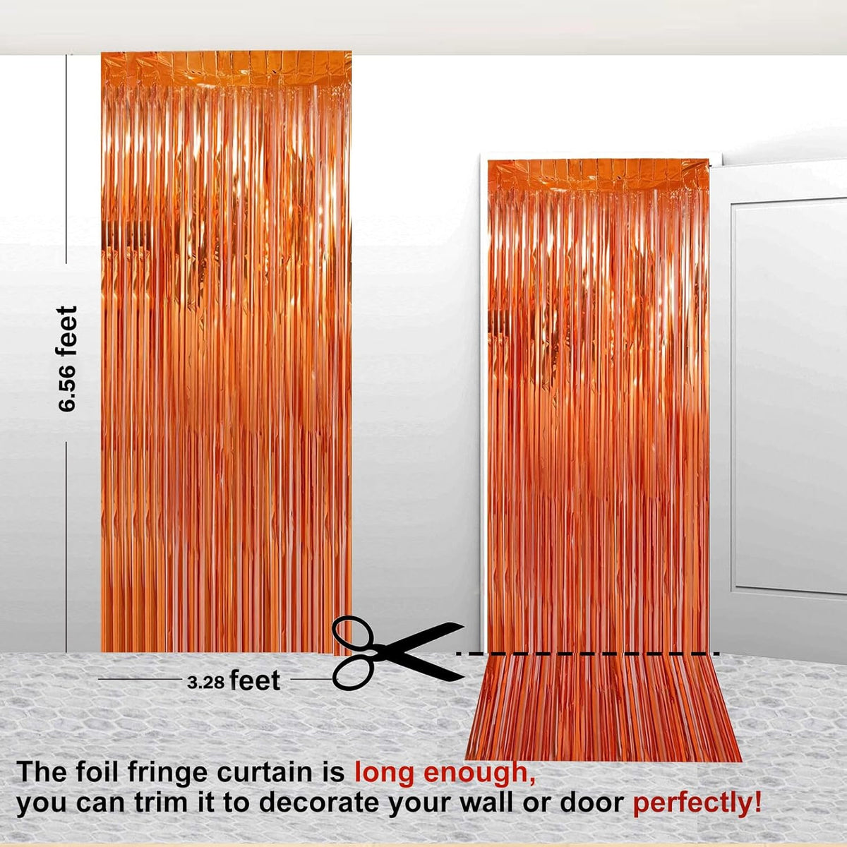 2 Pack 3.28 ft x 6.56 ft Orange Tinsel Curtain Party Backdrop Decorations, Metallic Foil Fringe