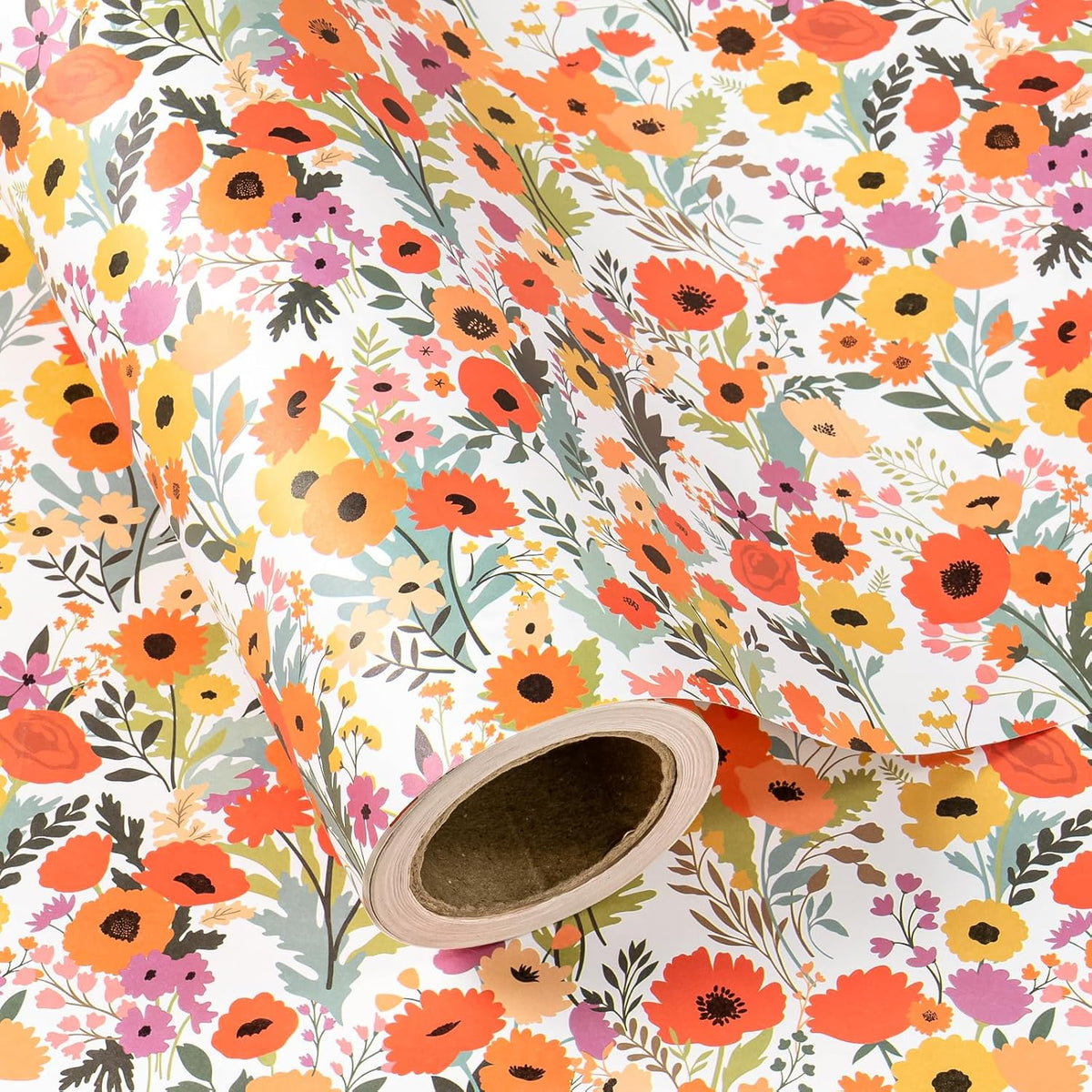 WRAPAHOLIC Kraft Floral Wrapping Paper Roll - Mini Roll - 17 Inch x 33 Feet - Bright Summer Flower