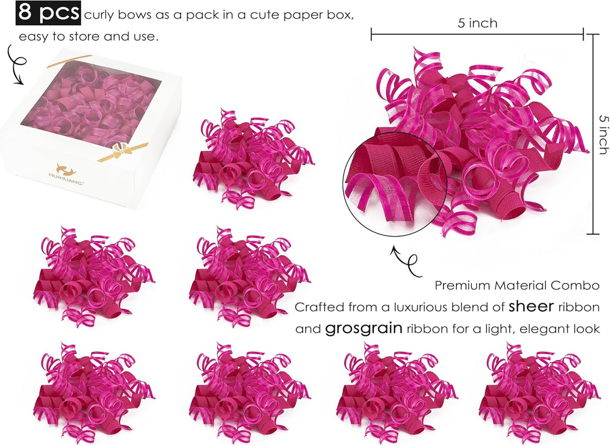 HUIHUANG Hot Pink Bows for Gift Wrapping Curly Gift Bow 5 inch x 8 Counts Self-Adhesive Ribbon Bows