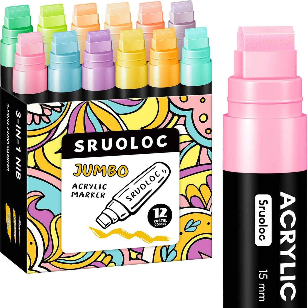 12 Pastel Colors Jumbo Markers, 15mm Jumbo Felt Tip, Acrylic Paint Markers for Rock Painting