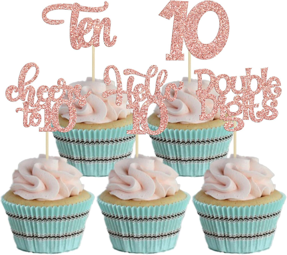 30Pcs 10th Birthday Cupcake Toppers Ten Double Hello 10 Cupcake Picks Cheers to 10 Years Old Cake
