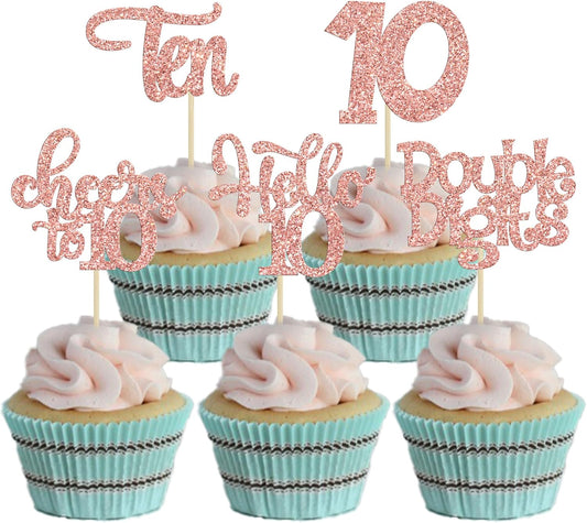 30Pcs 10th Birthday Cupcake Toppers Ten Double Hello 10 Cupcake Picks Cheers to 10 Years Old Cake