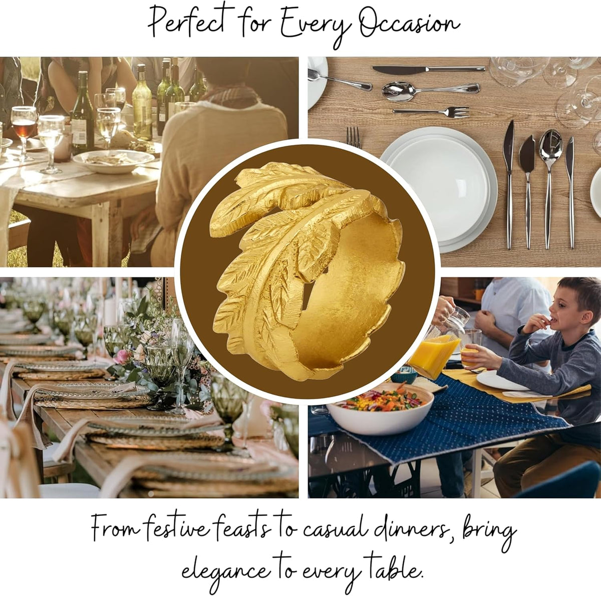 Gold Leaf Napkin Rings Set of 12 - Round Metal Napkin Holders for Dining Table Settings - Elegant