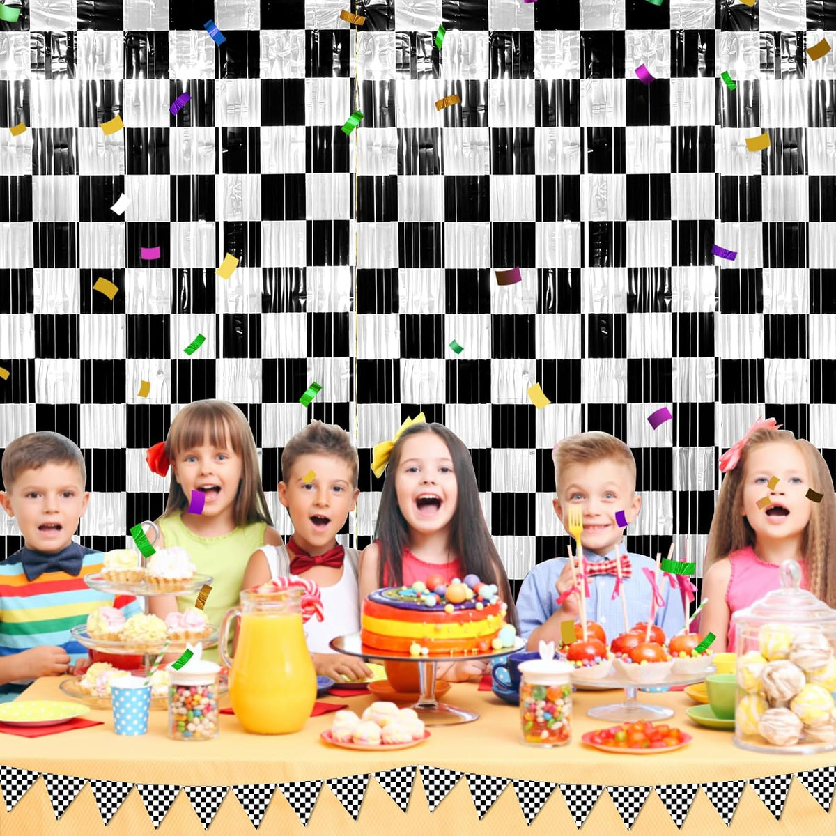 3 Pack 3.3Ft x 6.6Ft Race Car Checkered Foil Fringe Curtain Backdrop Decorations, Black White