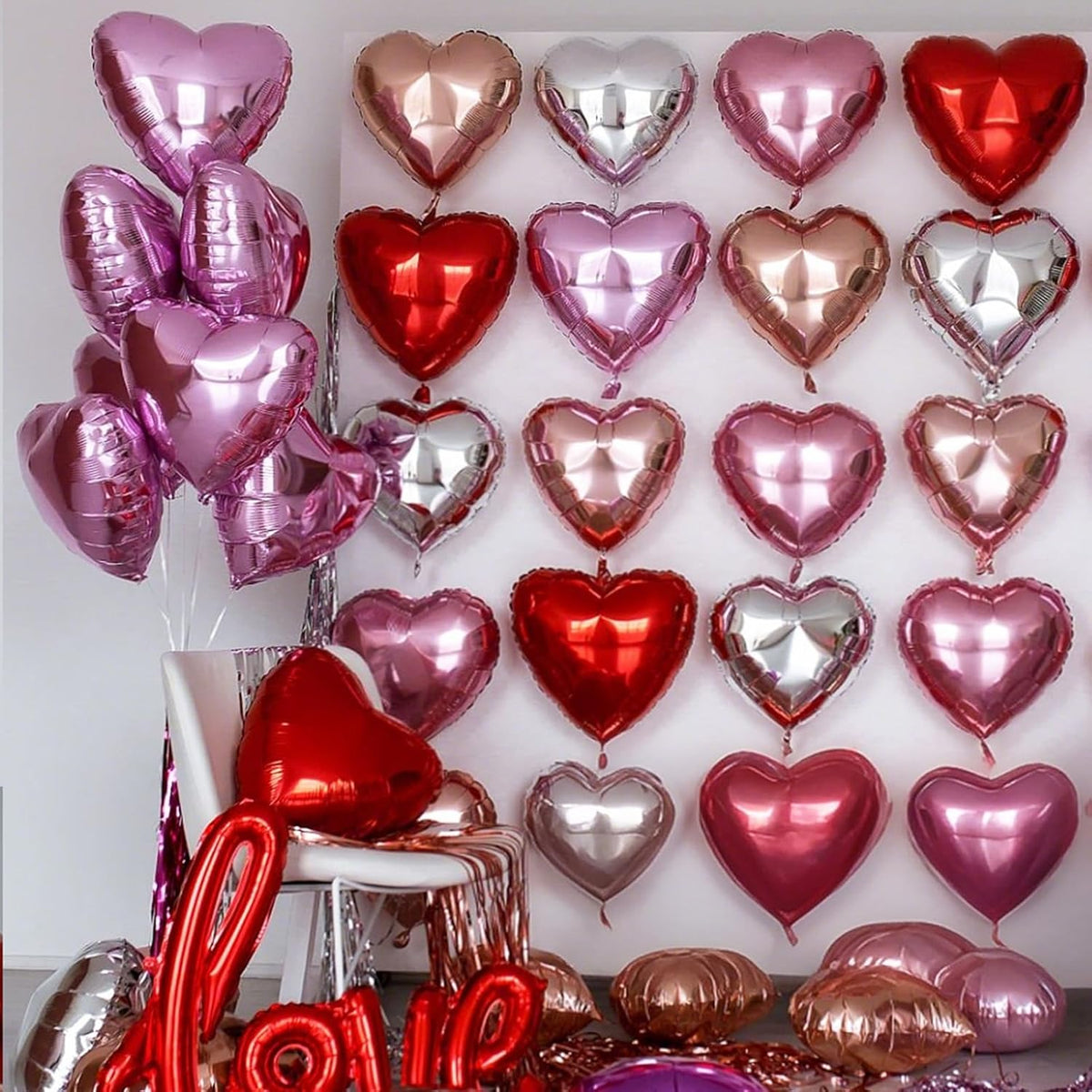 Pastel Pink Red Heart Balloons,12Pcs 18 Inch Baby Pink Foil Love Heart Shaped Balloons for Women