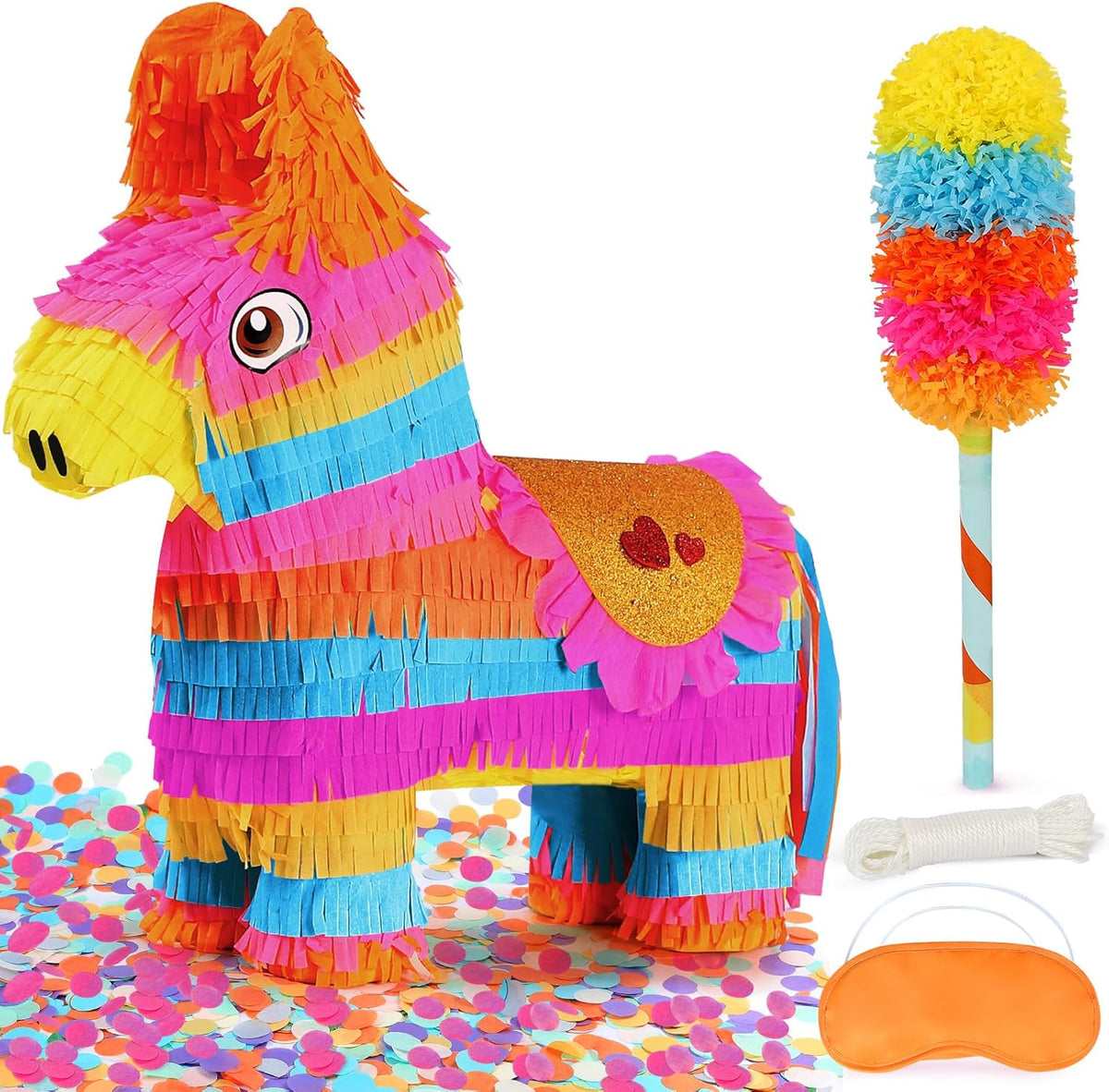 Cinco De Mayo Donkey Pinata with 24" Stick and Rope | Large Rainbow Piñata Decorations for Birthday