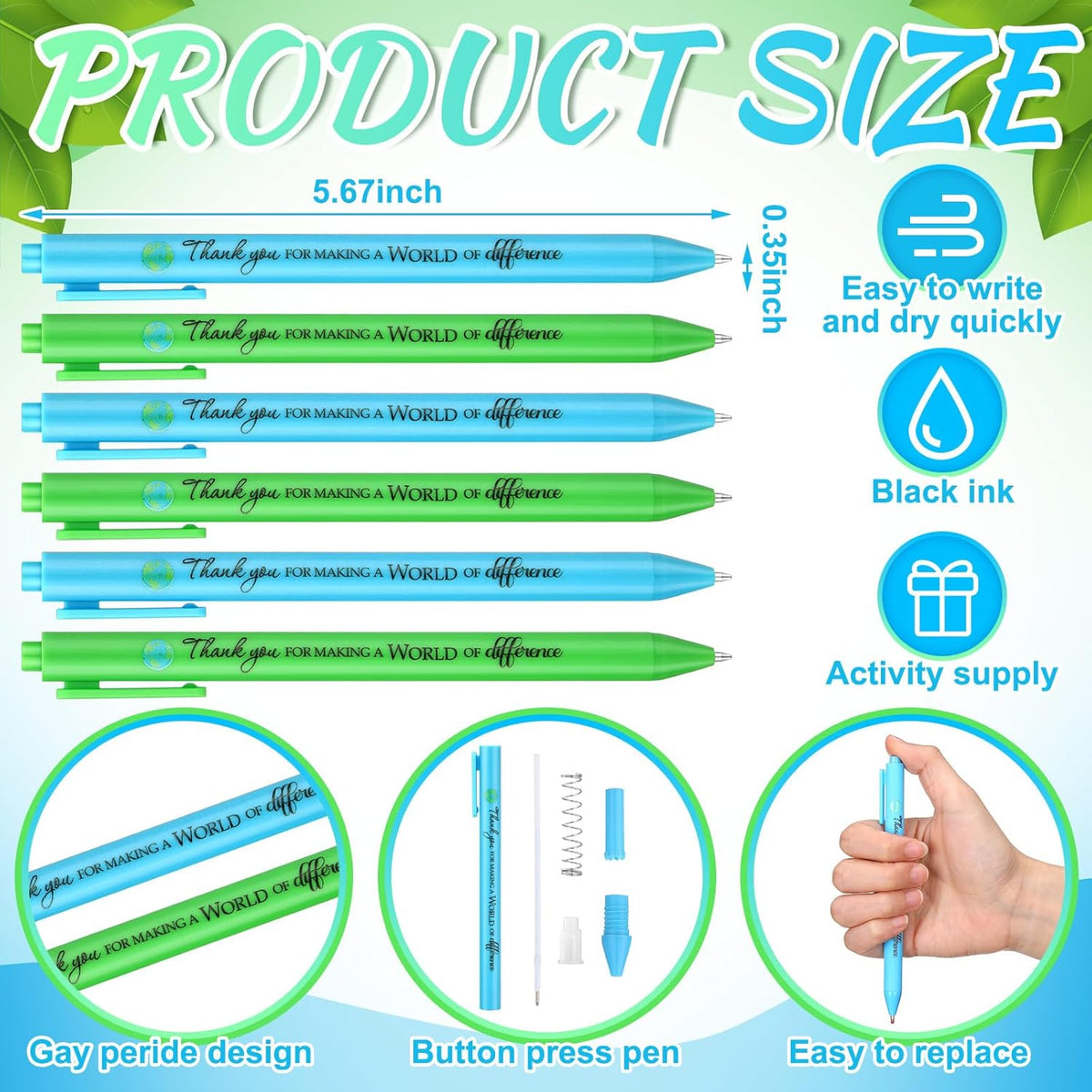 24 Pcs Earth Day Pens Bulk Party Favors Novelty Cute Green Blue Retractable Ballpoint Pen Earth Day