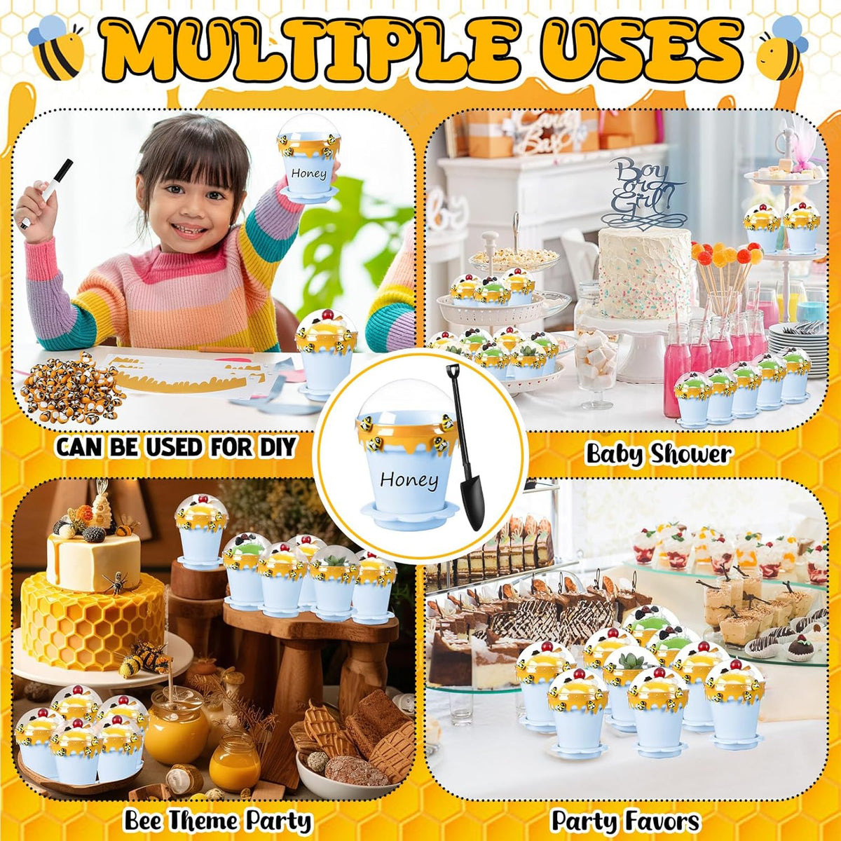 30 Sets Mini Honey Bee Pots with Lids, Spoon, Saucers and Bee Charms, 6.76 OZ Plastic Honey Jars