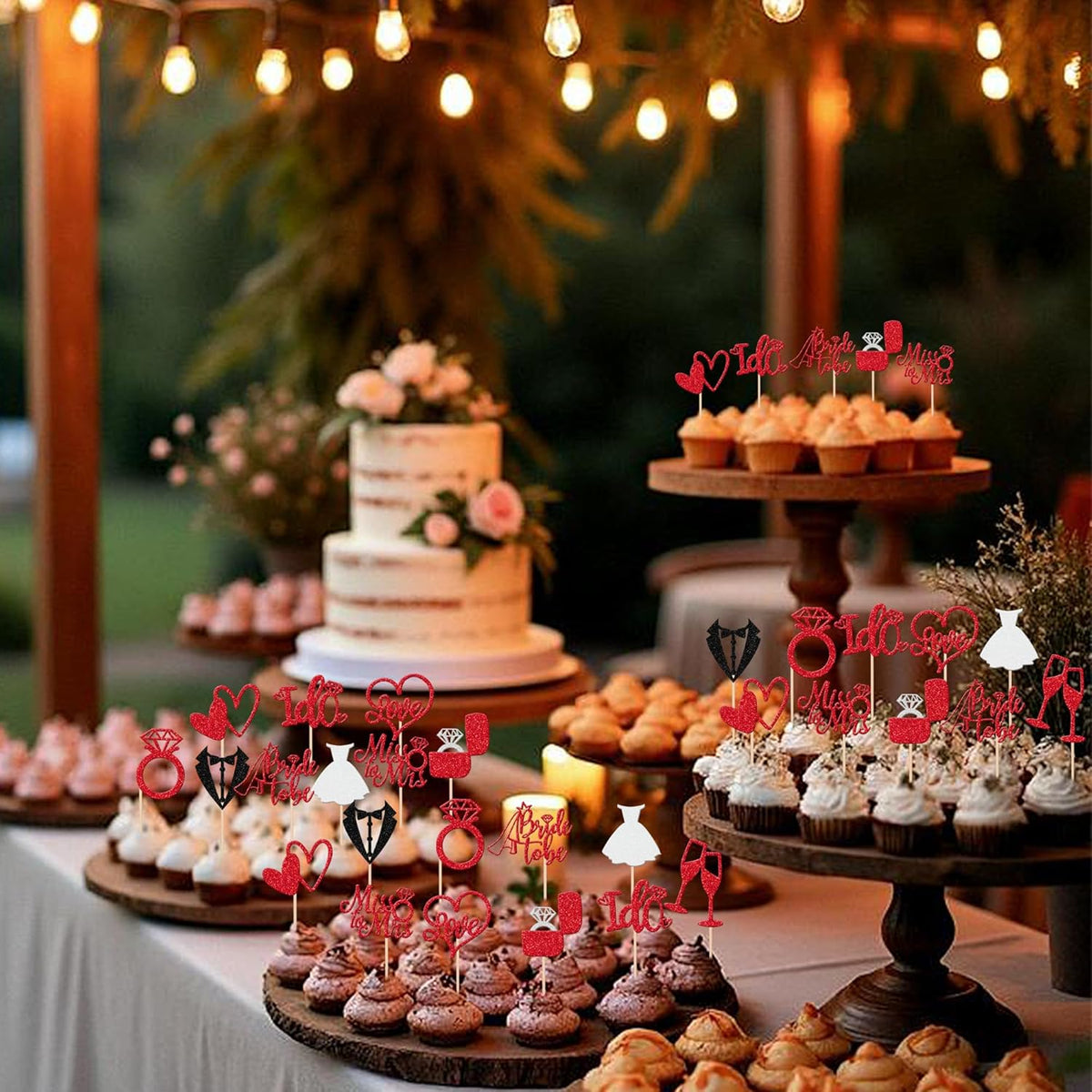 30 PCS Bride to Be Cupcake Toppers Glitter Miss to Mrs I Do Love Heart Ring Cupcake Picks Wedding