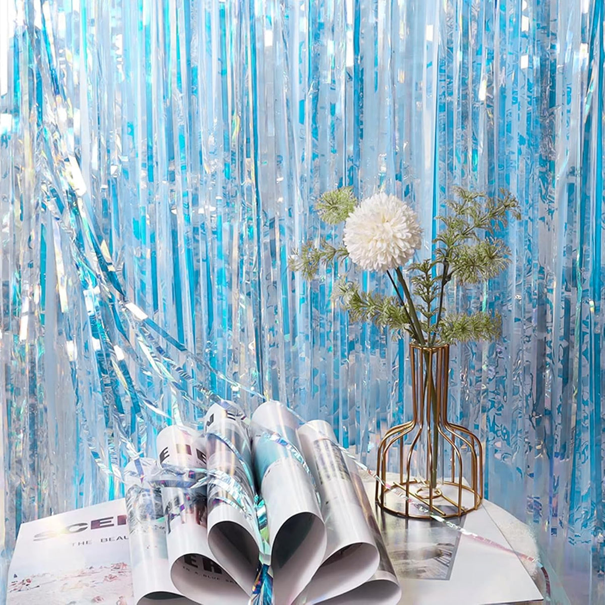 CANREVEL 2 Pack 3.2x6.5 Feet Iridescent Foil Fringe Backdrop Curtains, Clear Blue Tinsel Photo