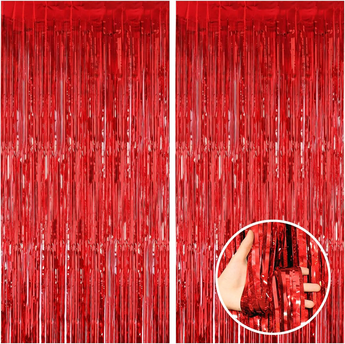 CANREVEL 2 Pack 3.3x8.2 Feet Red Foil Fringe Backdrop Curtains, Tinsel Streamers Birthday Party