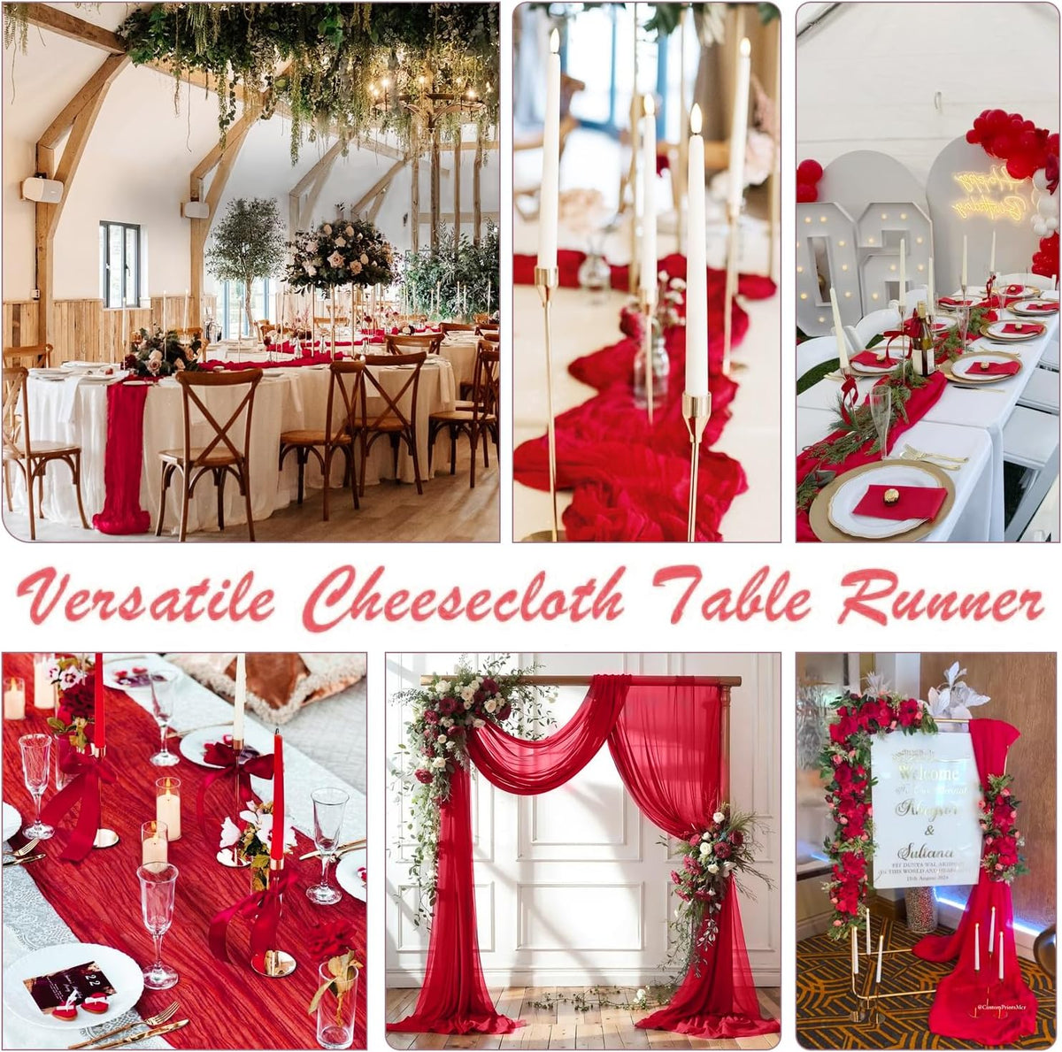 3 Pack Red Cheesecloth Table Runner Gauze Christmas Table Runner 35x120 Inch Rustic Boho Cheese
