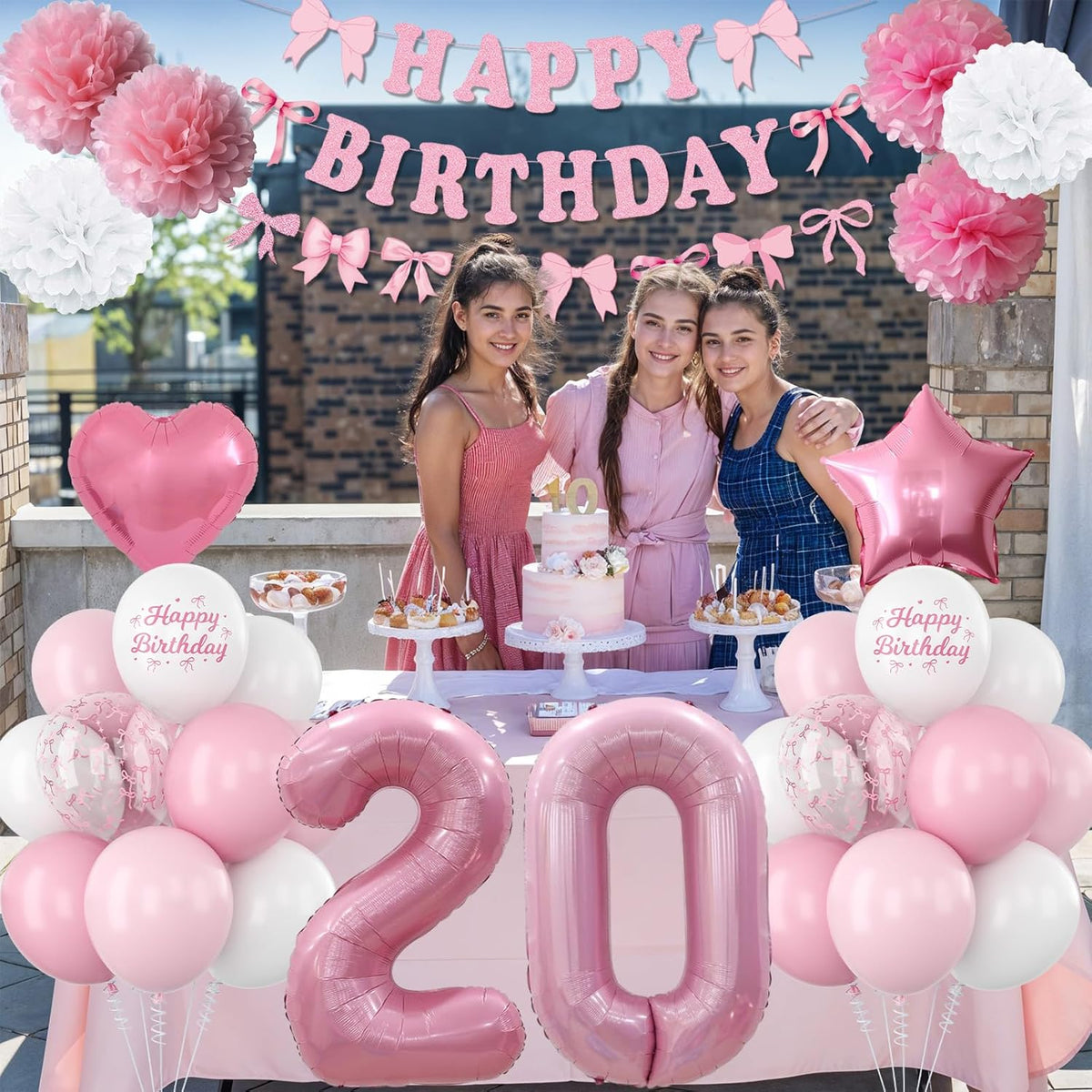20th Birthday Decorations for Girls Pink Number 20 Balloon Bow Coquette Happy Birthday Banner
