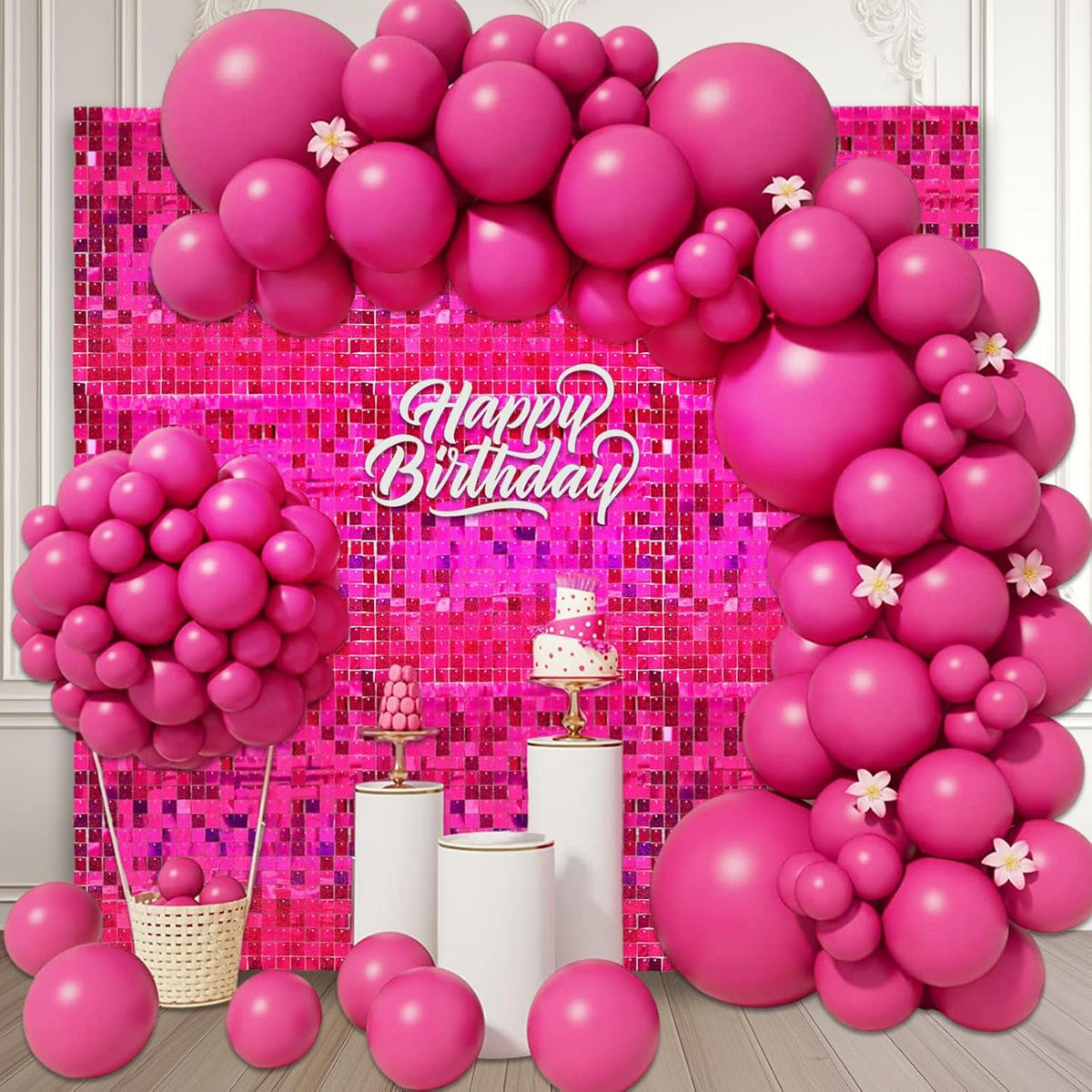 24PCS Fuchsia Shimmer Wall Backdrop, Laser Square Sequin Photo Backdrops Panel, Glitter Wall
