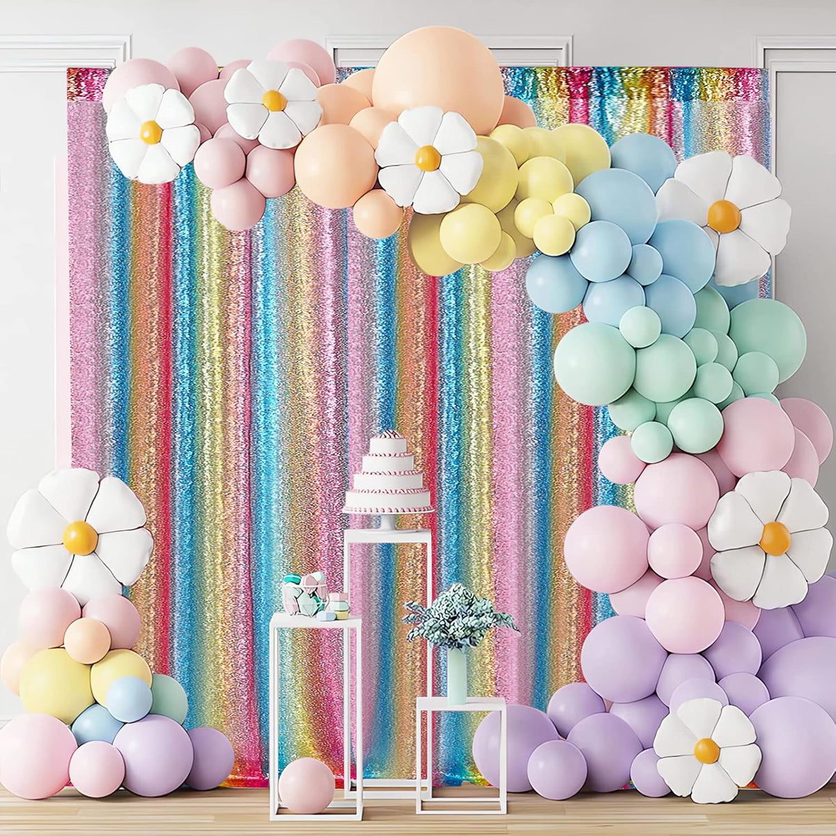 Hahuho Rainbow Sequin Backdrop Curtain, 2PCS 2FTx8FT Glitter Backdrop Curtain for Parties