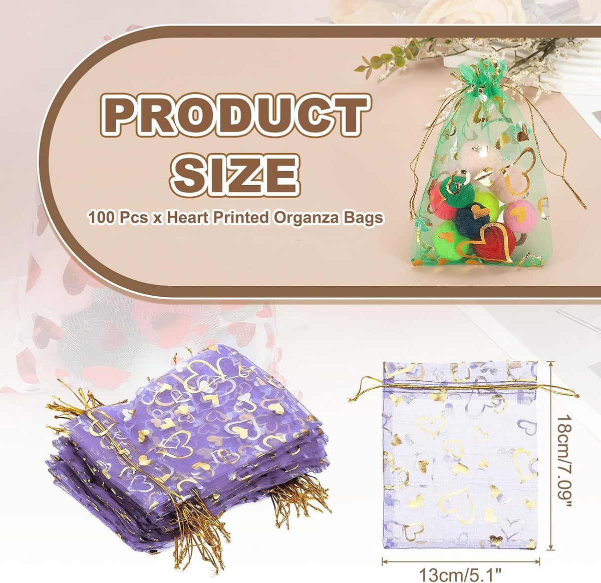 PATIKIL 100 Pcs 5x7 Inch Heart Printed Organza Bags, Purple Sheer Heart Organza Bags with